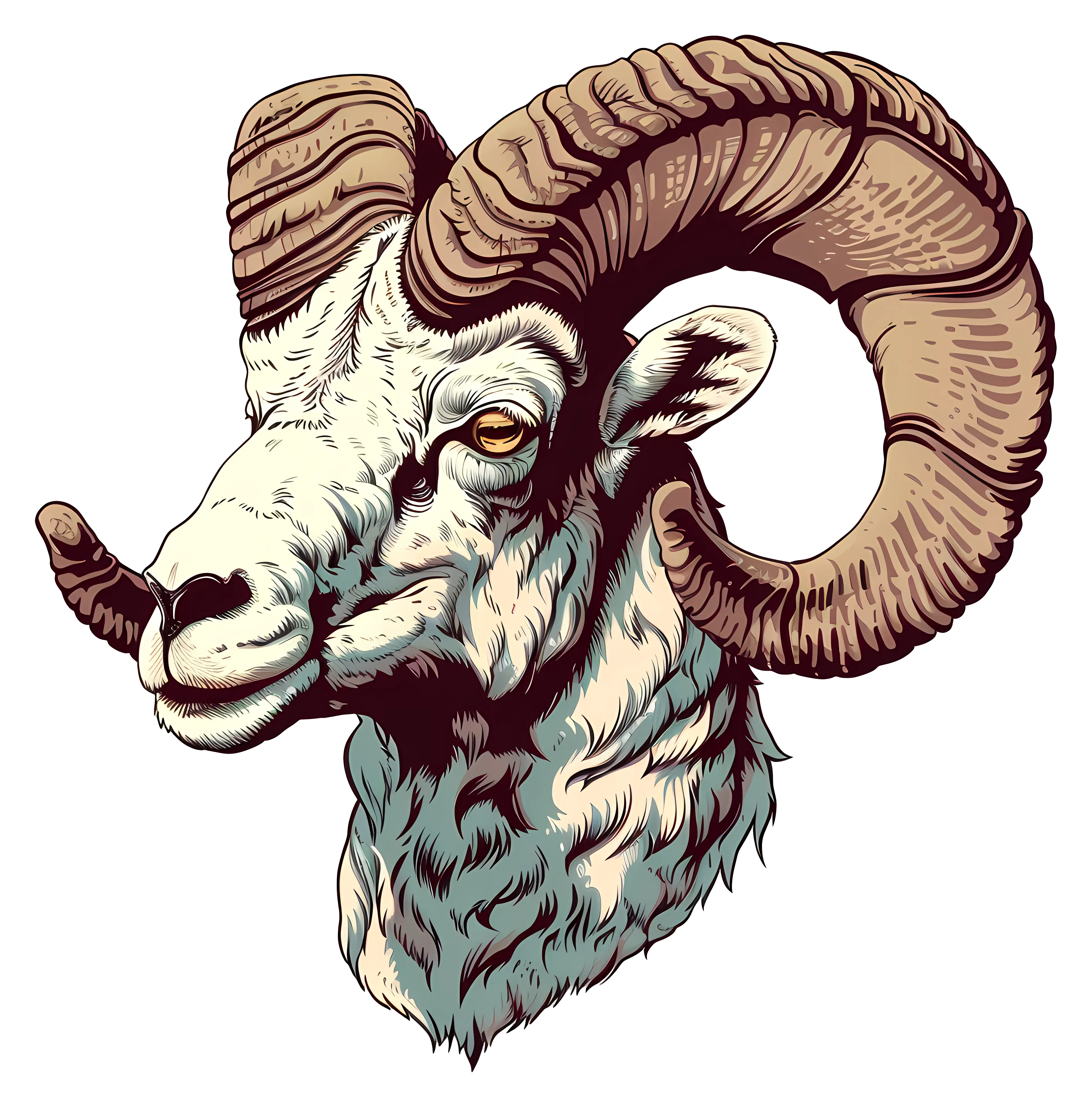 Ram Head with Large Curved Horns