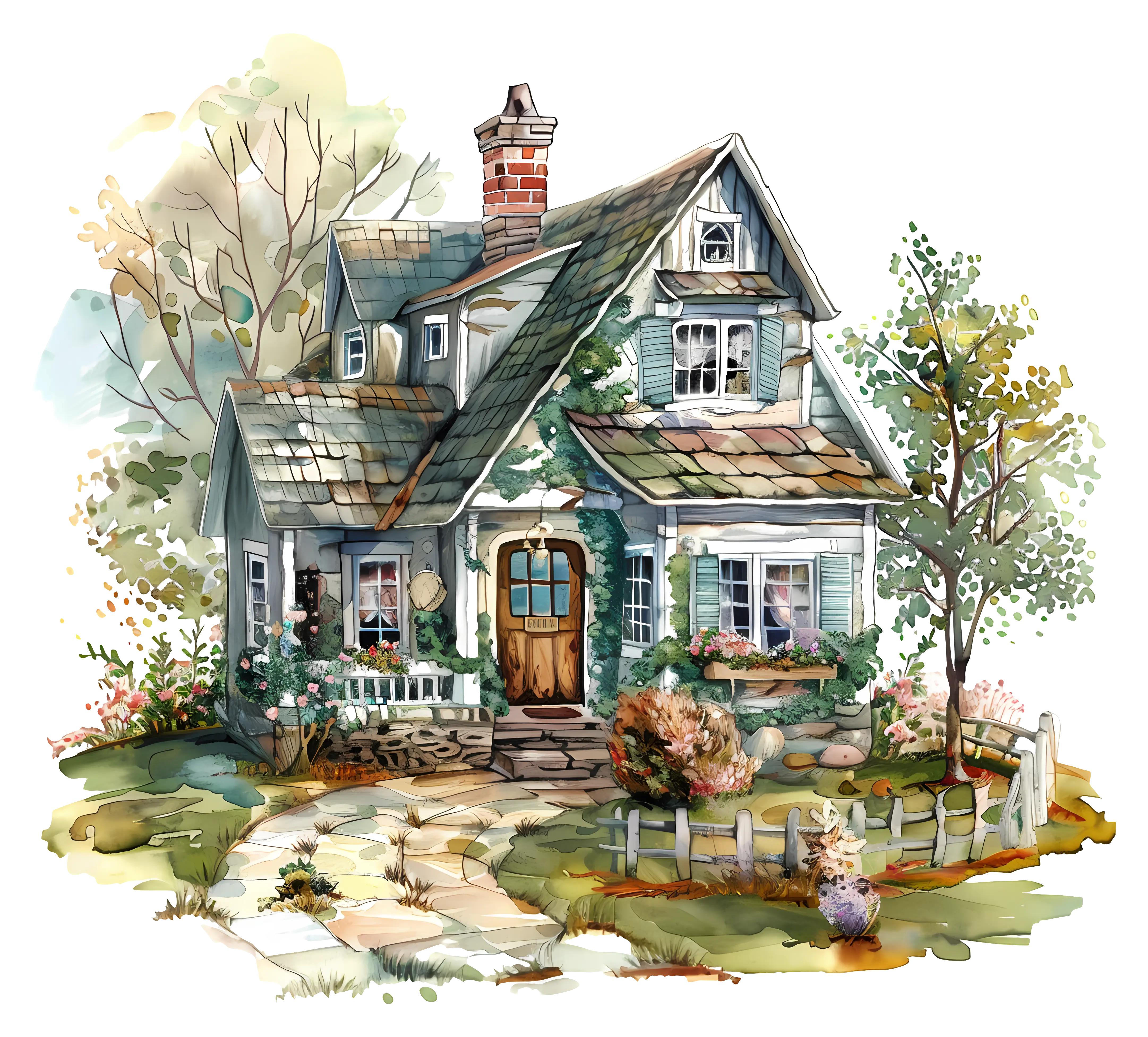 Watercolor Illustration of a Cottage House