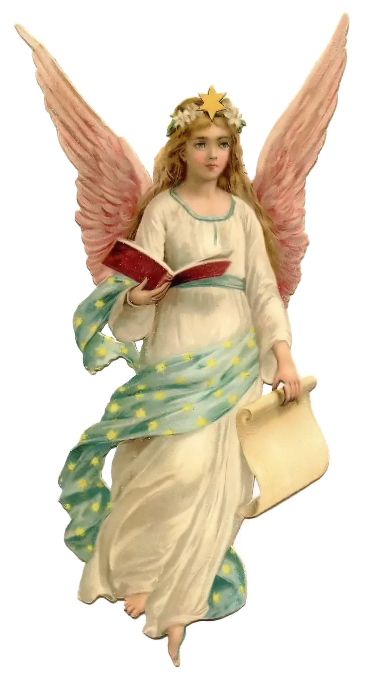 Angel with Pink Wings Holding Books and Scroll