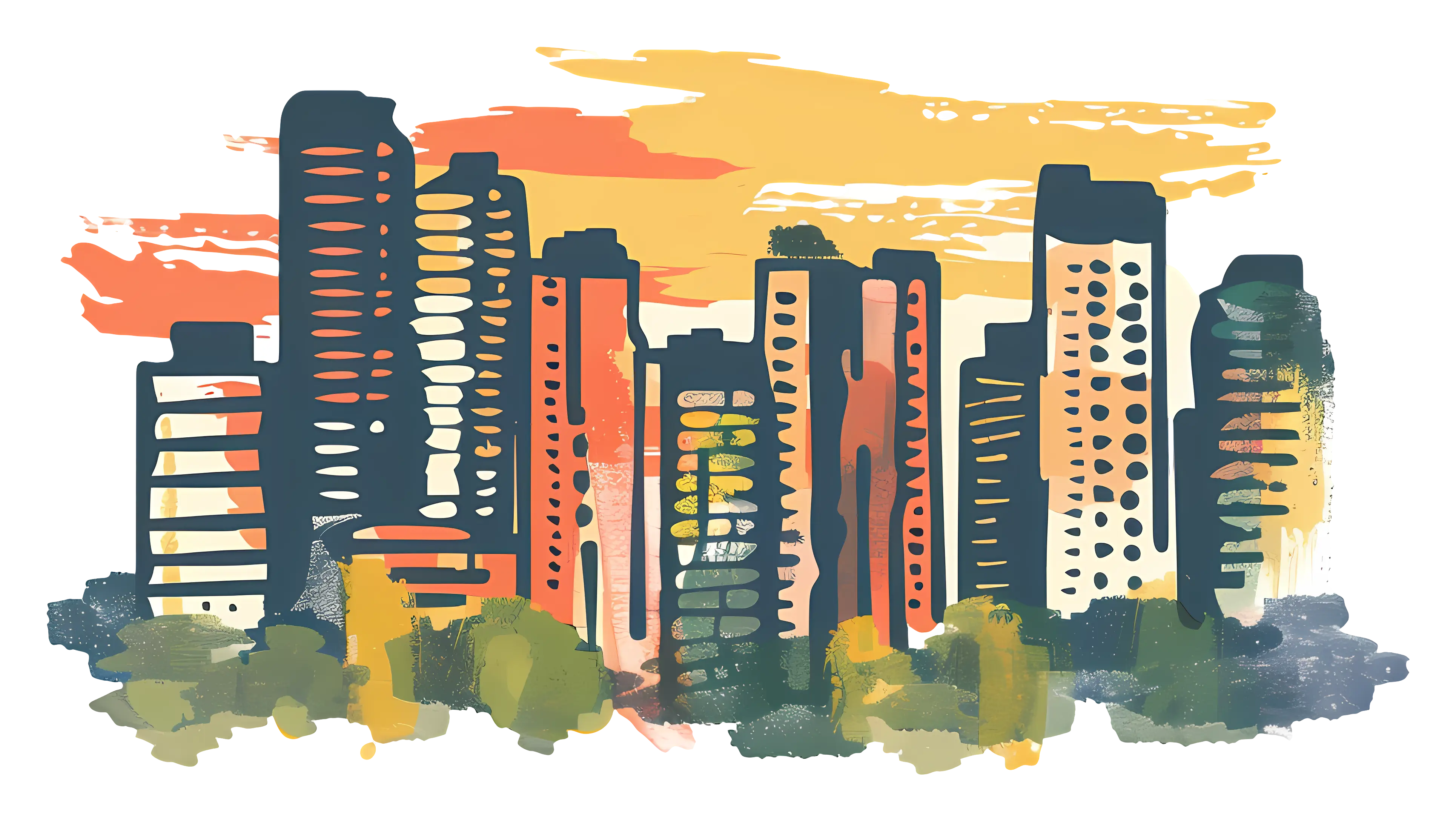 Illustration of Colorful Urban Cityscape at Sunset