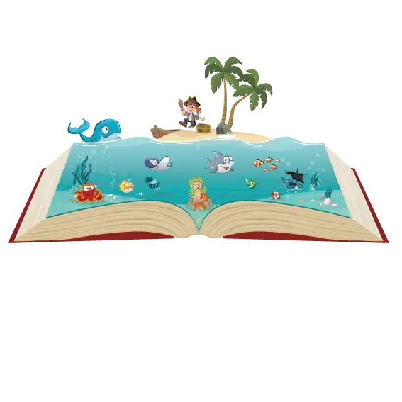 Open Book with Ocean Adventure Illustration