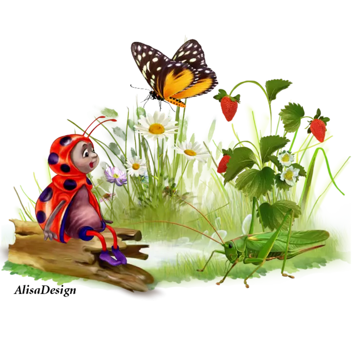Ladybug, Butterfly, and Grasshopper in a Nature Scene