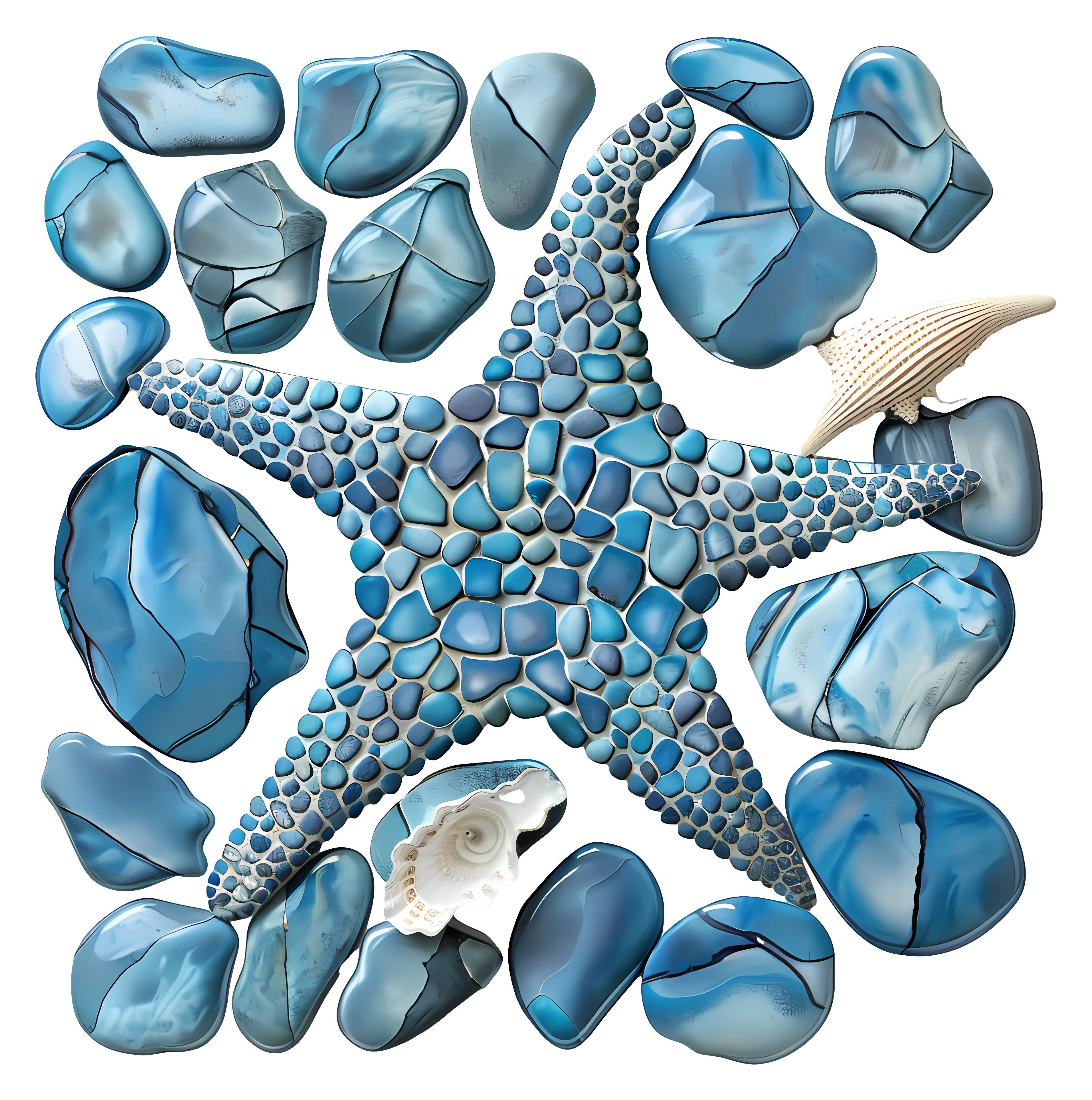 Blue Starfish with Stones and Shell