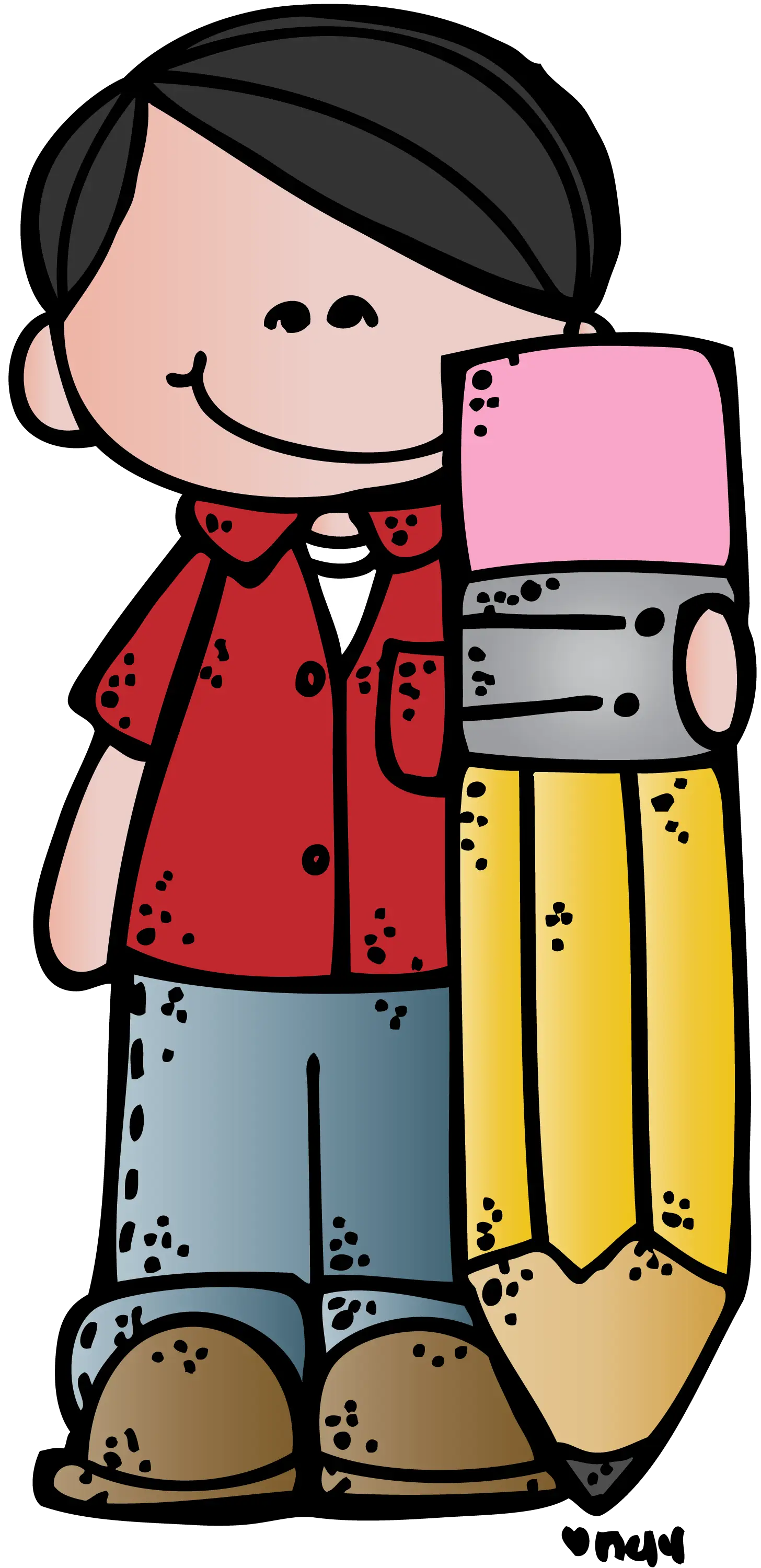 Cartoon Boy Holding a Giant Pencil