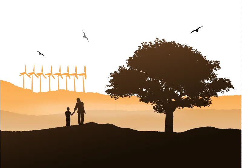 Silhouette of People and Tree with Wind Turbines