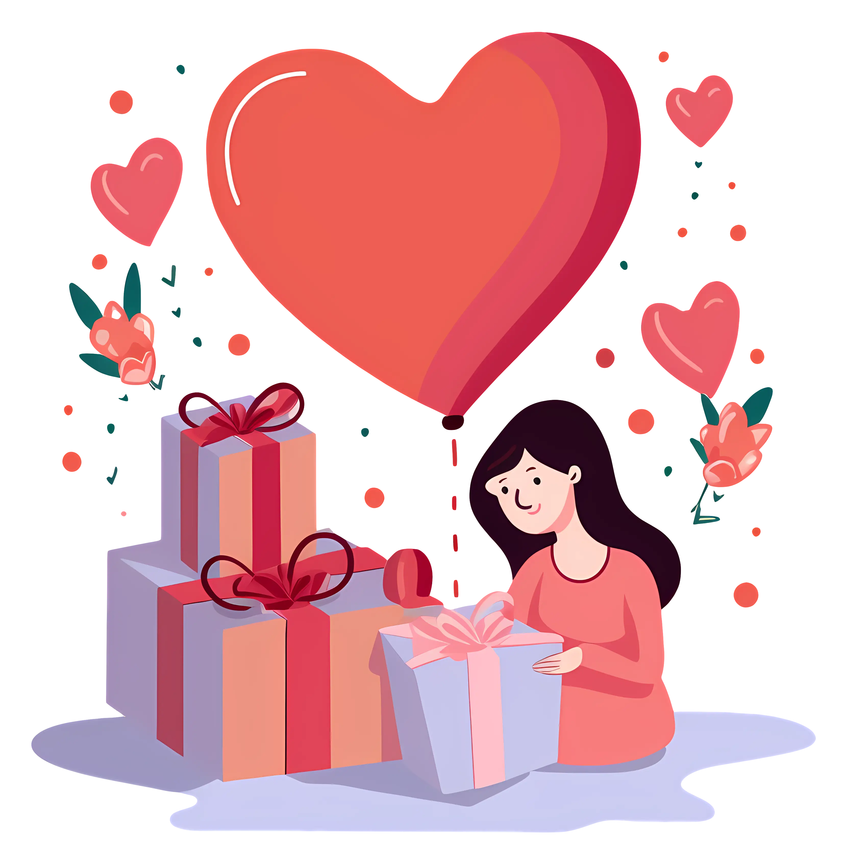 Girl Opening Gifts with Heart Balloon Decoration