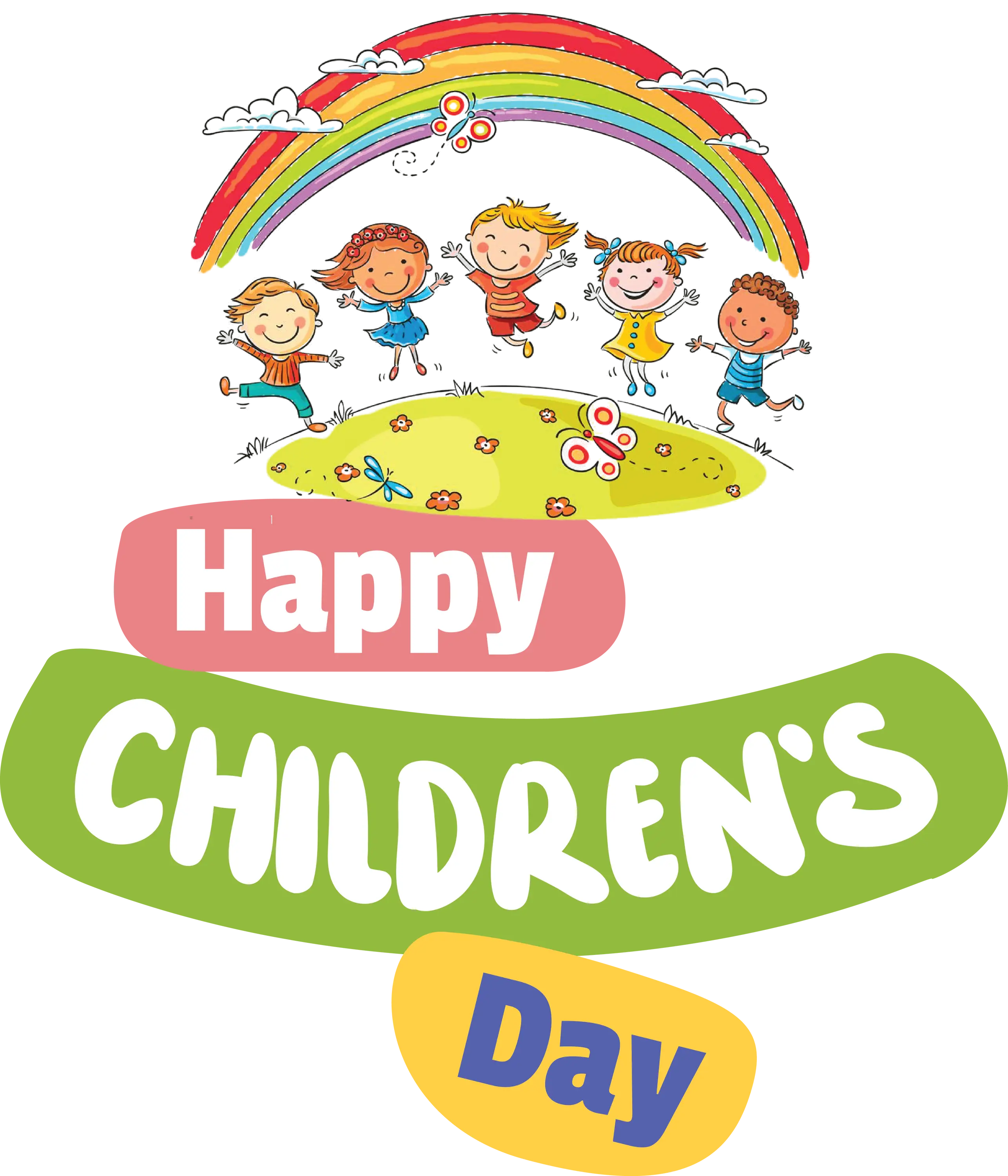 Happy Children&#039;s Day With Rainbow and Cheerful Kids