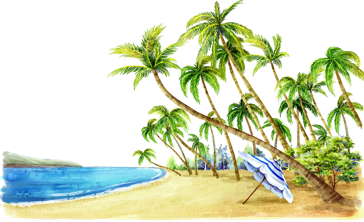 Tropical Beach with Palm Trees and Umbrella