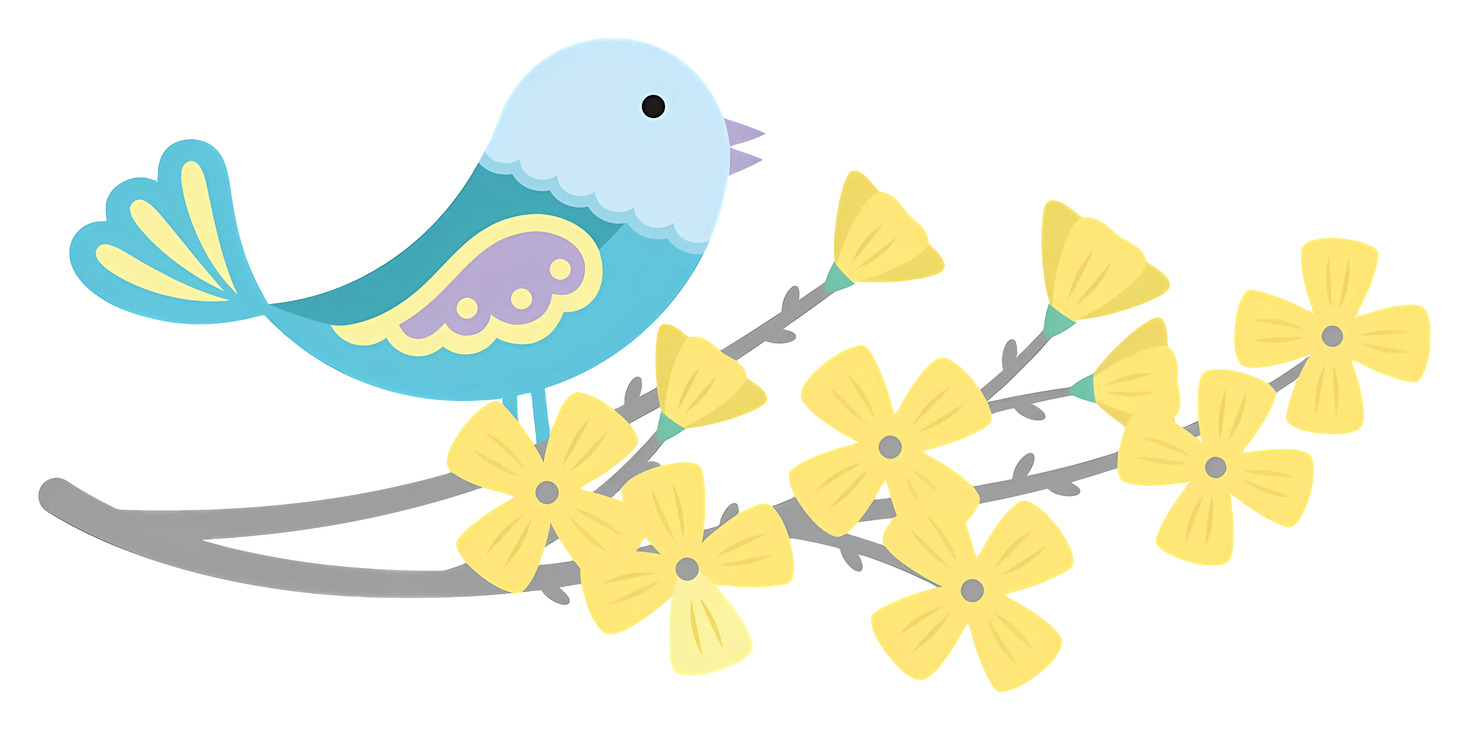 Blue Bird on a Branch with Yellow Flowers