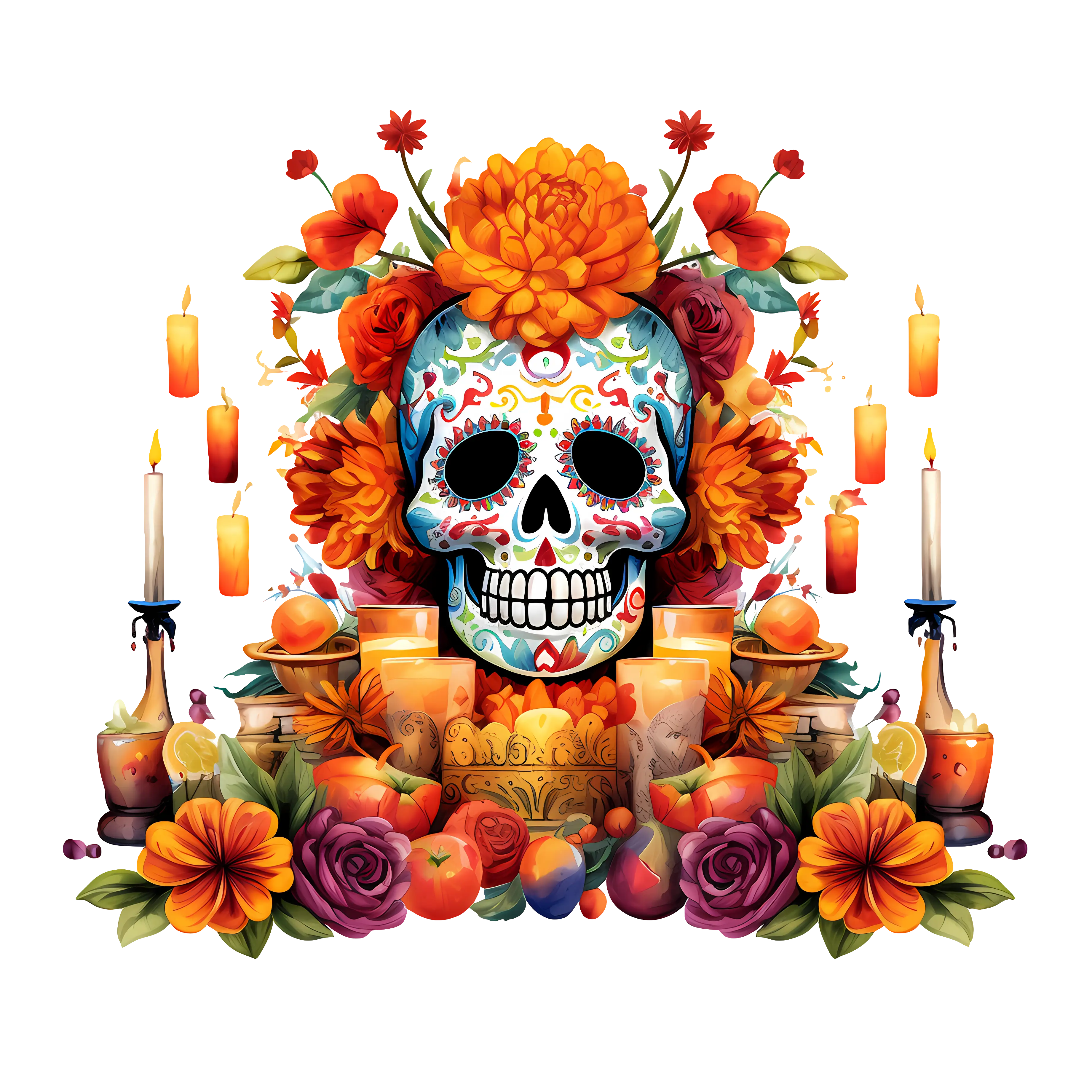 Colorful Decorated Skull with Flowers and Candles