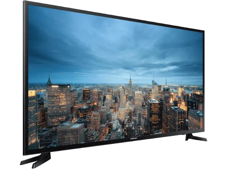 Flat Screen LED TV with Cityscape Background