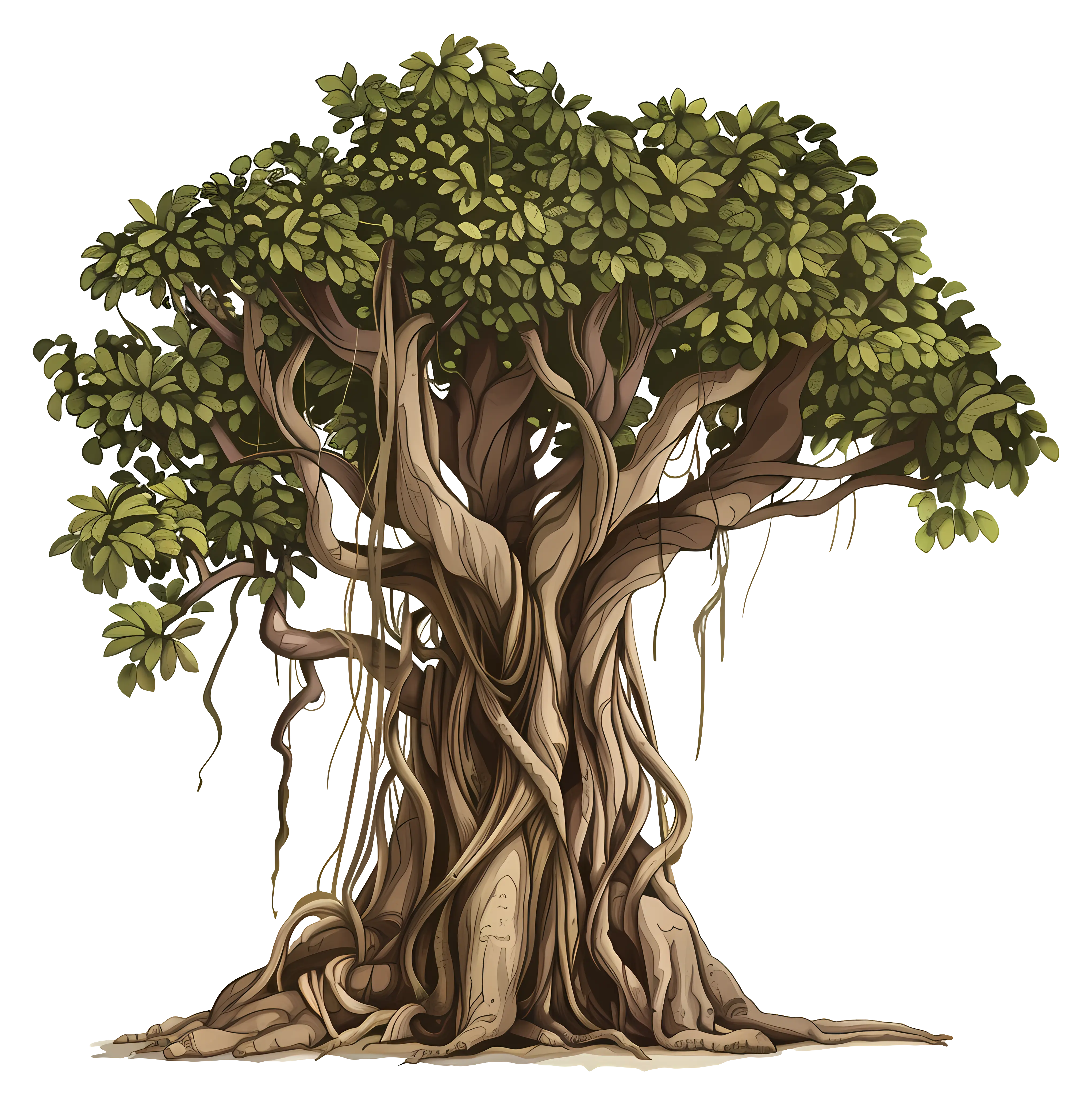 Dense Banyan Tree with Root System and Canopy