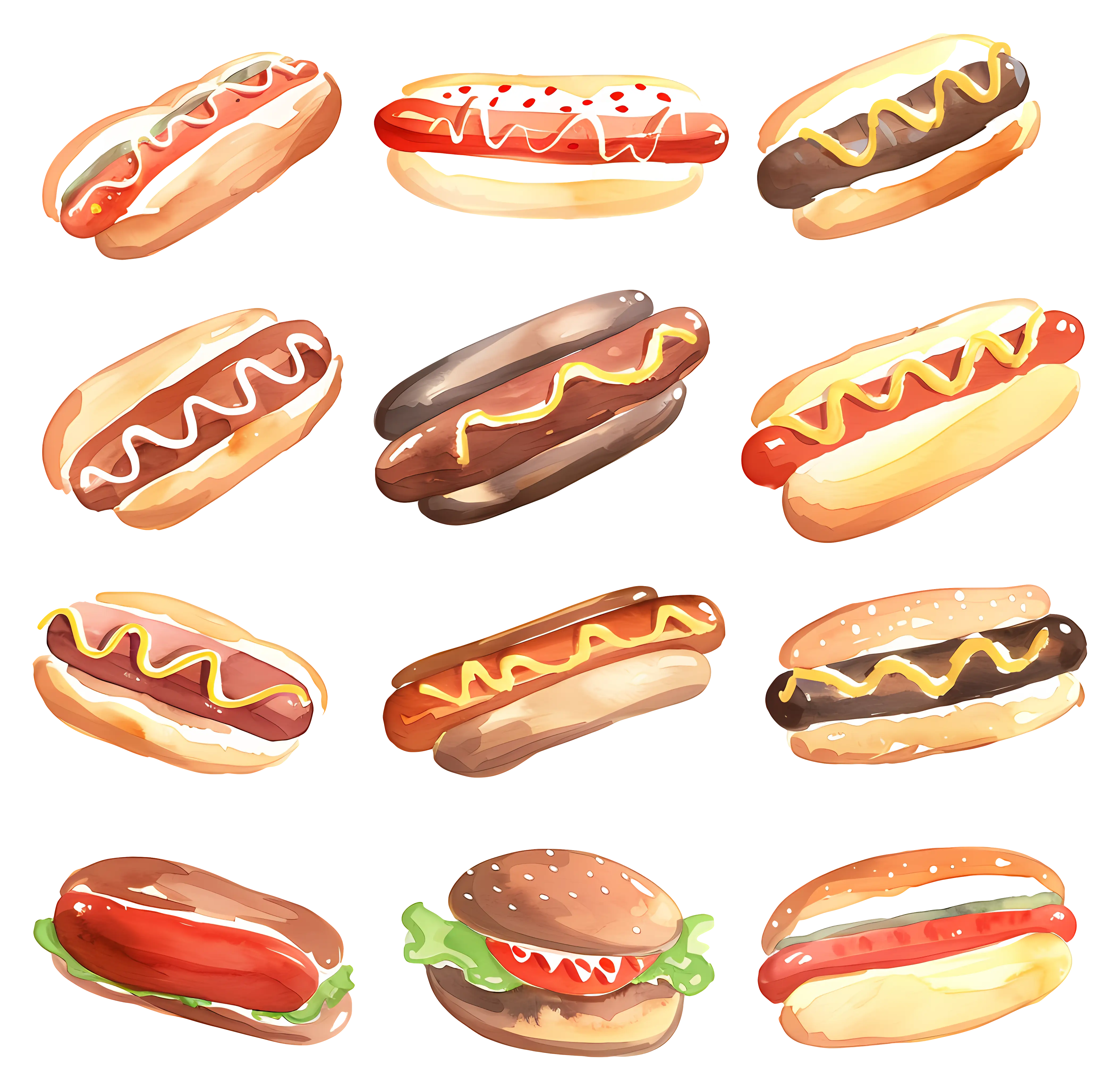 Hot Dog Food Collection in Watercolor