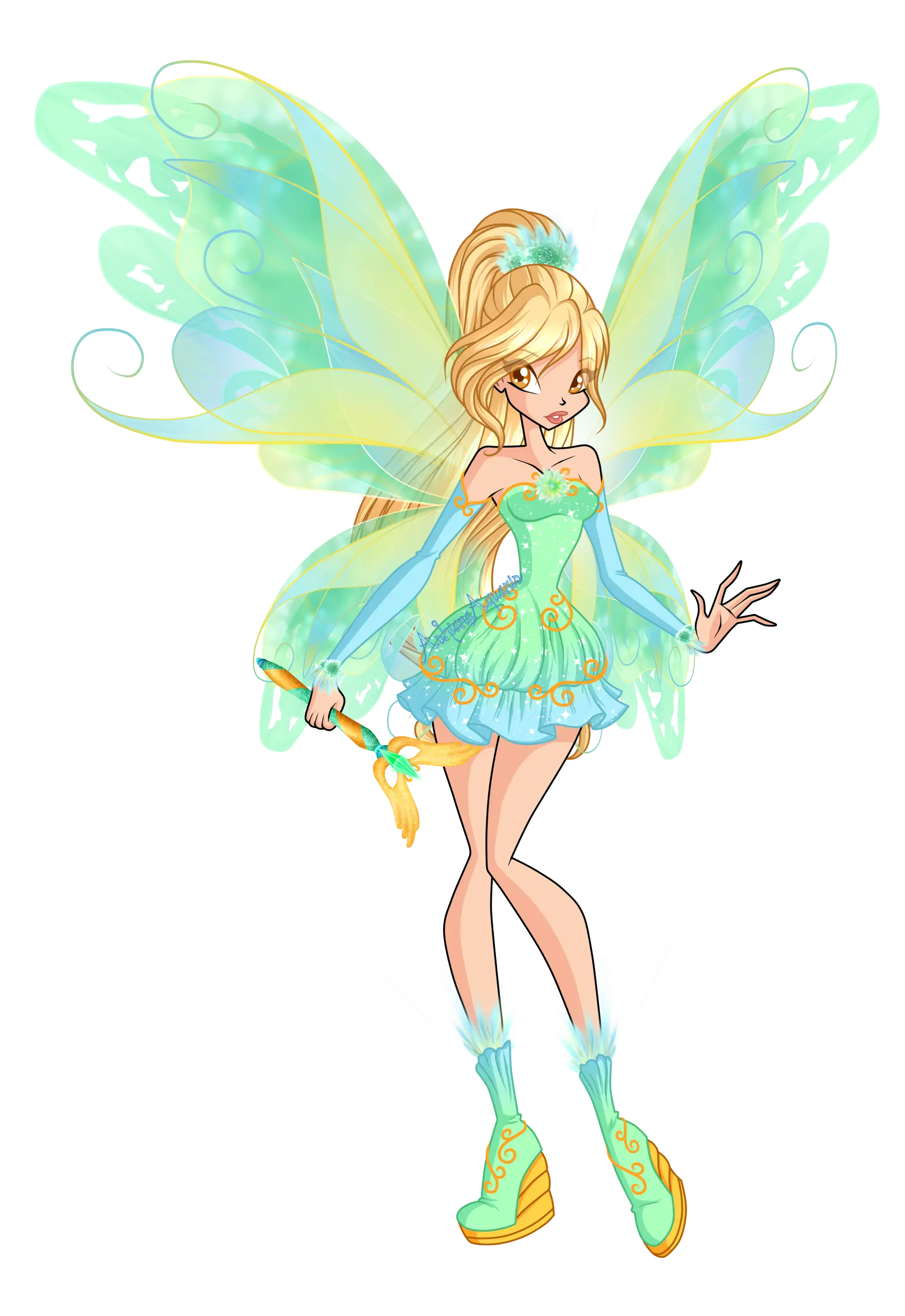 Cartoon Fairy with Green Wings and Magical Wand