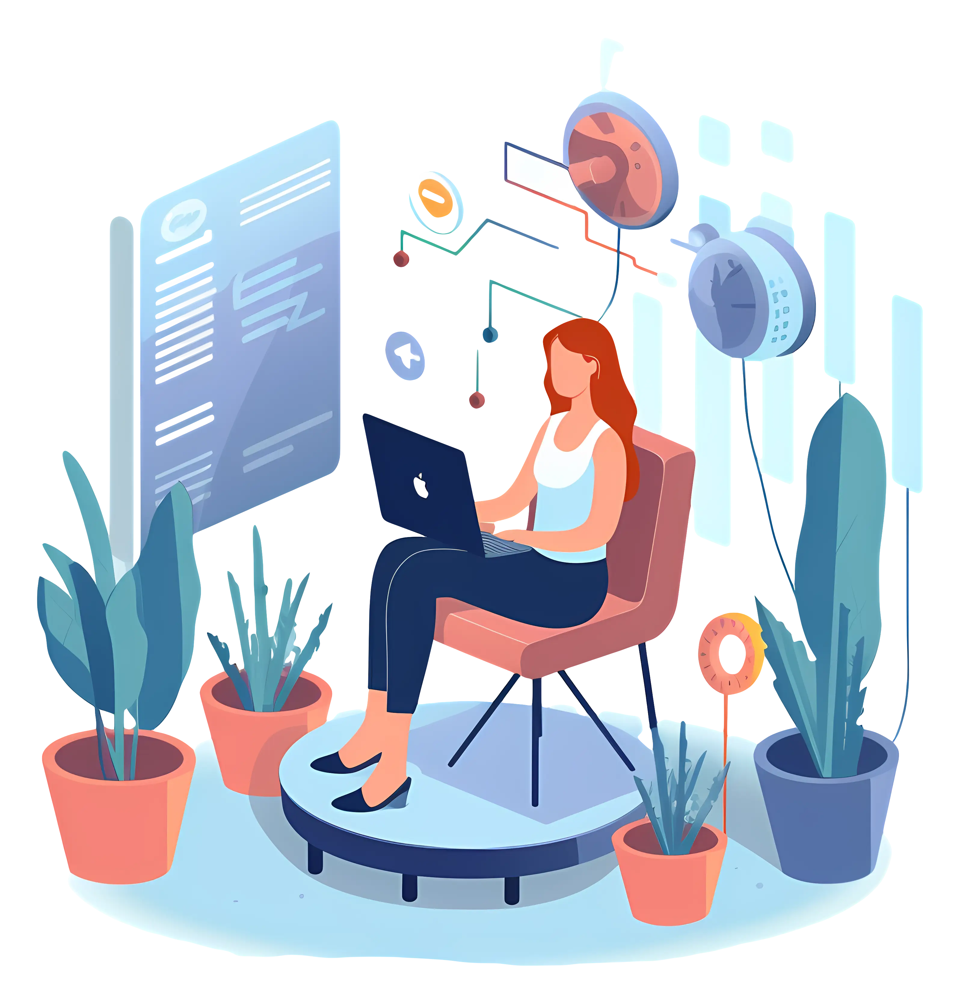 Woman Working on Laptop with Plants