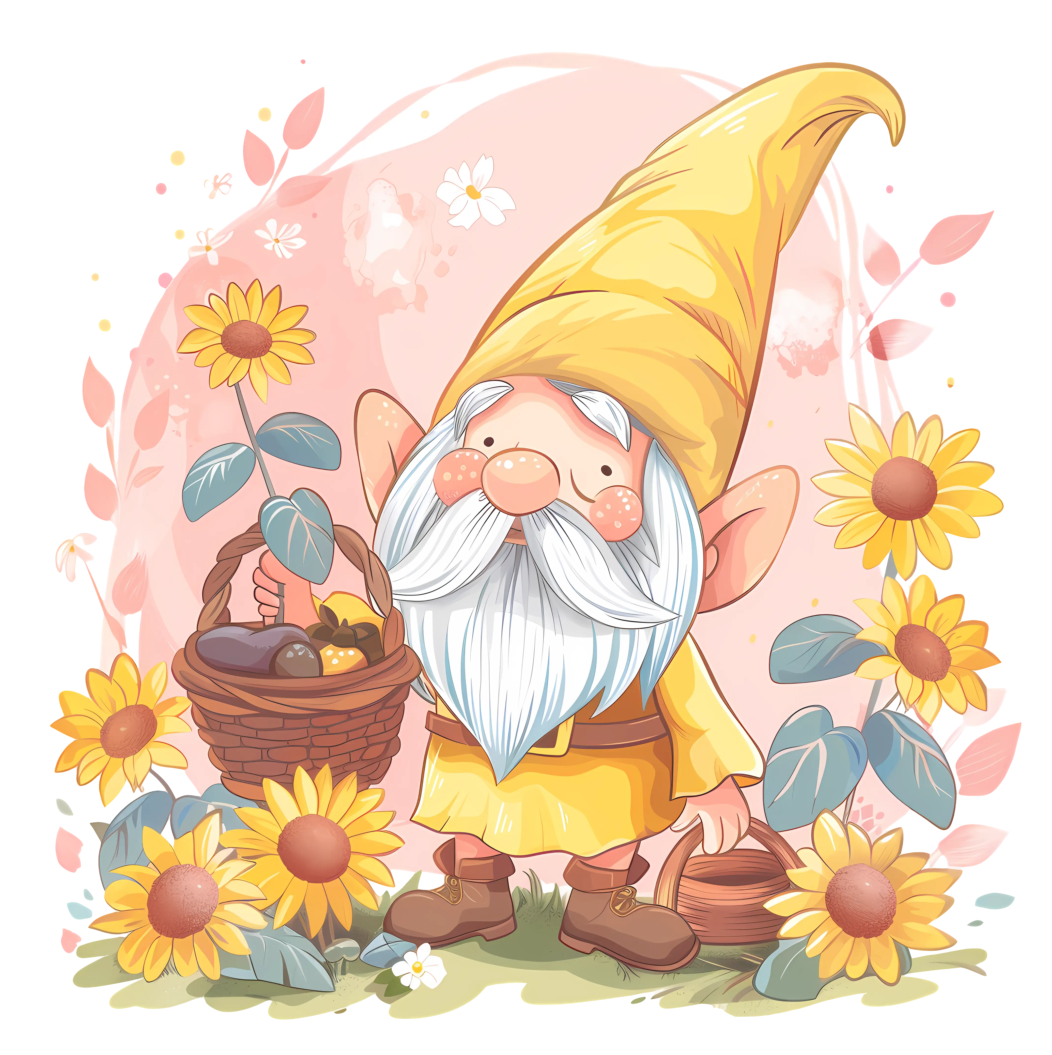 Gnome with Sunflowers Illustration