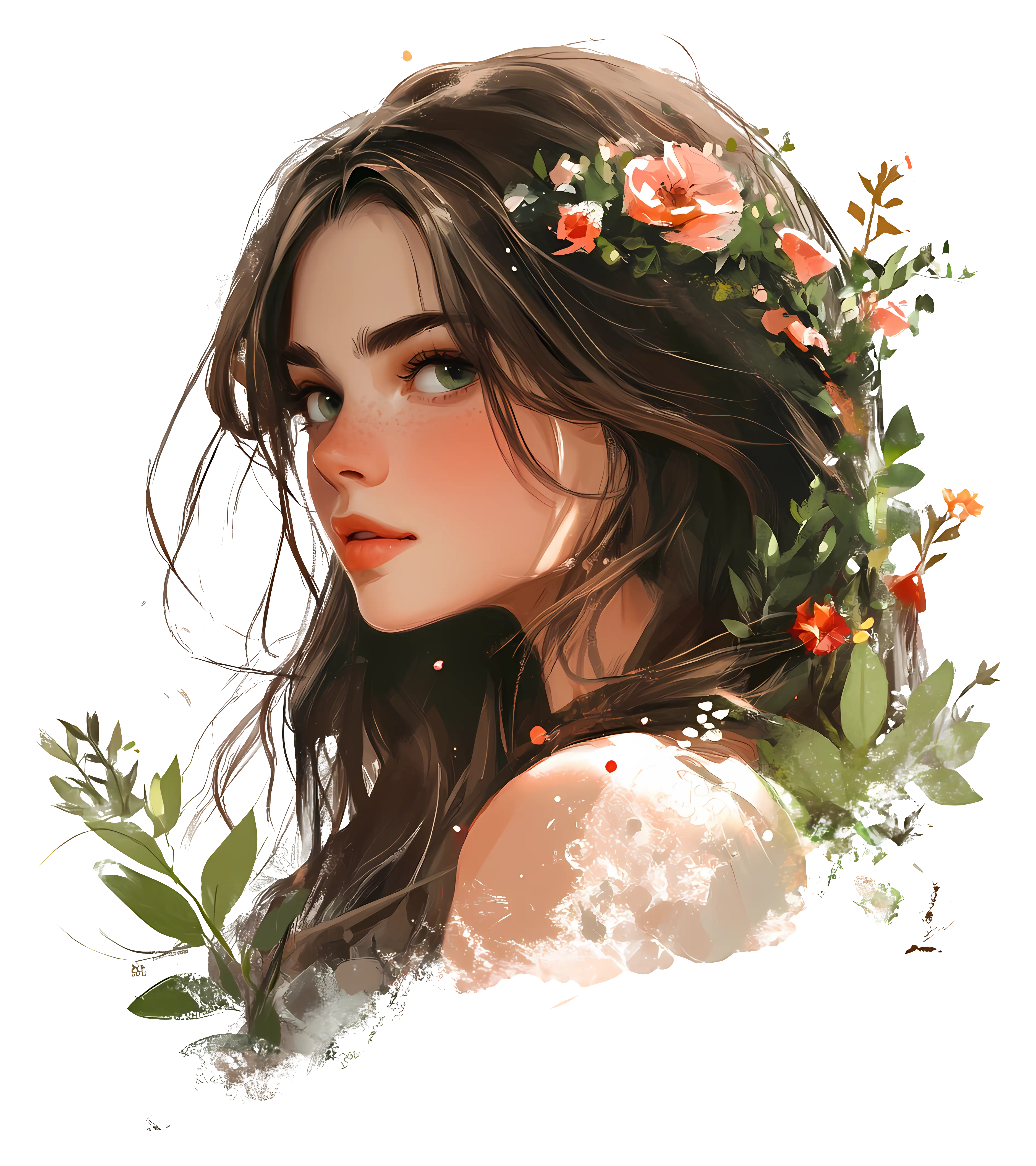 Beautiful Girl with Floral Hair Illustration