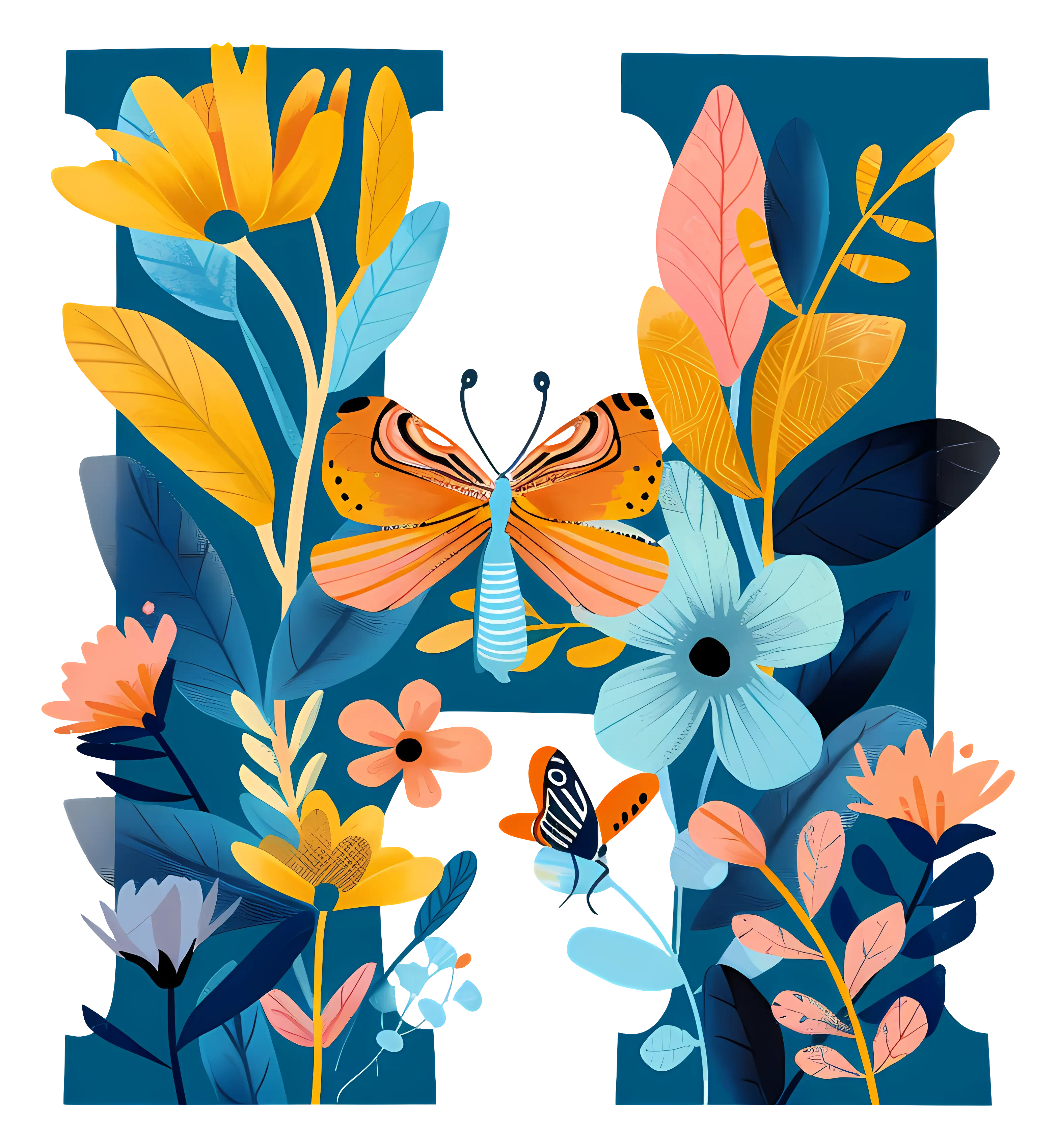 Floral H with Butterfly