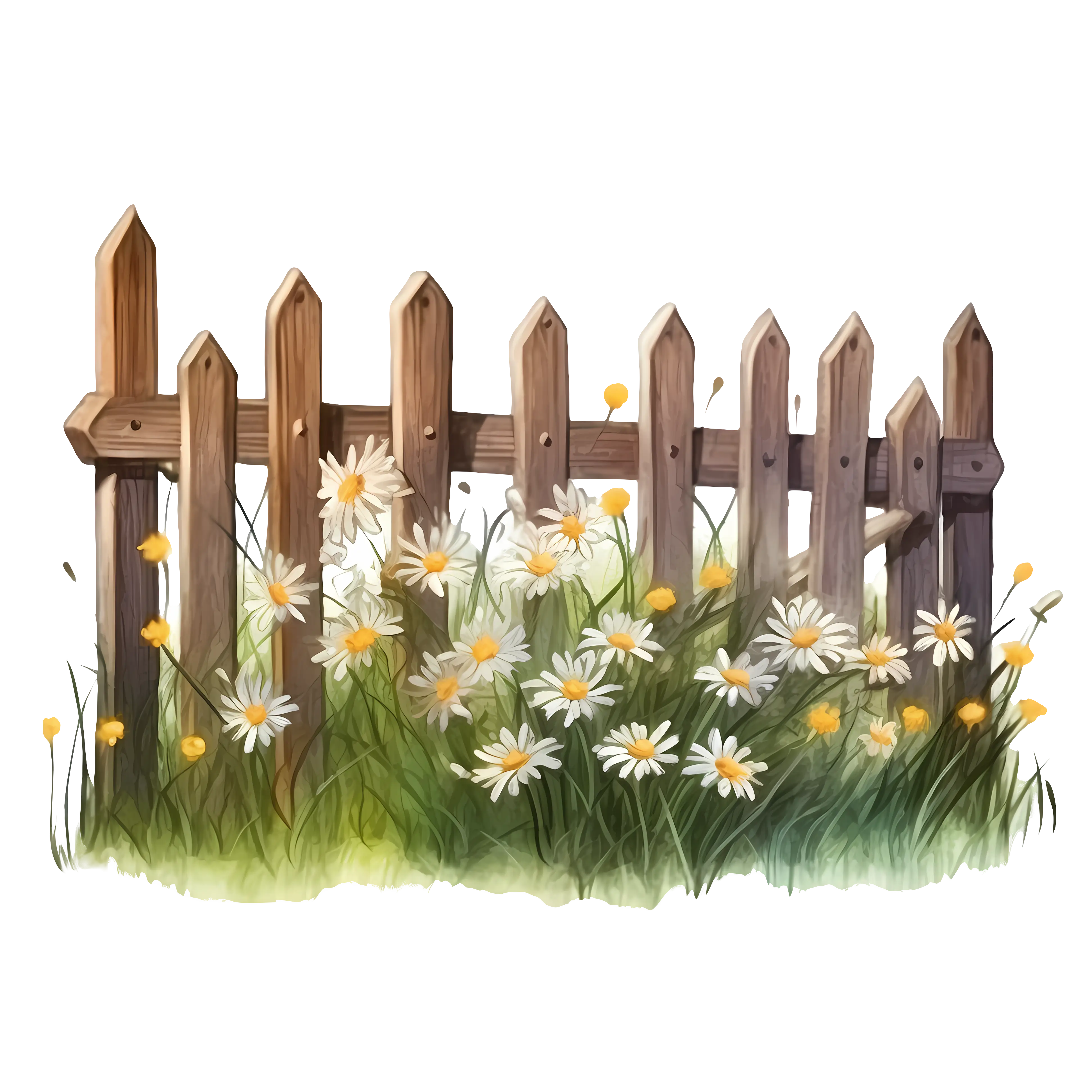 Picket Fence with Daisies and Grass
