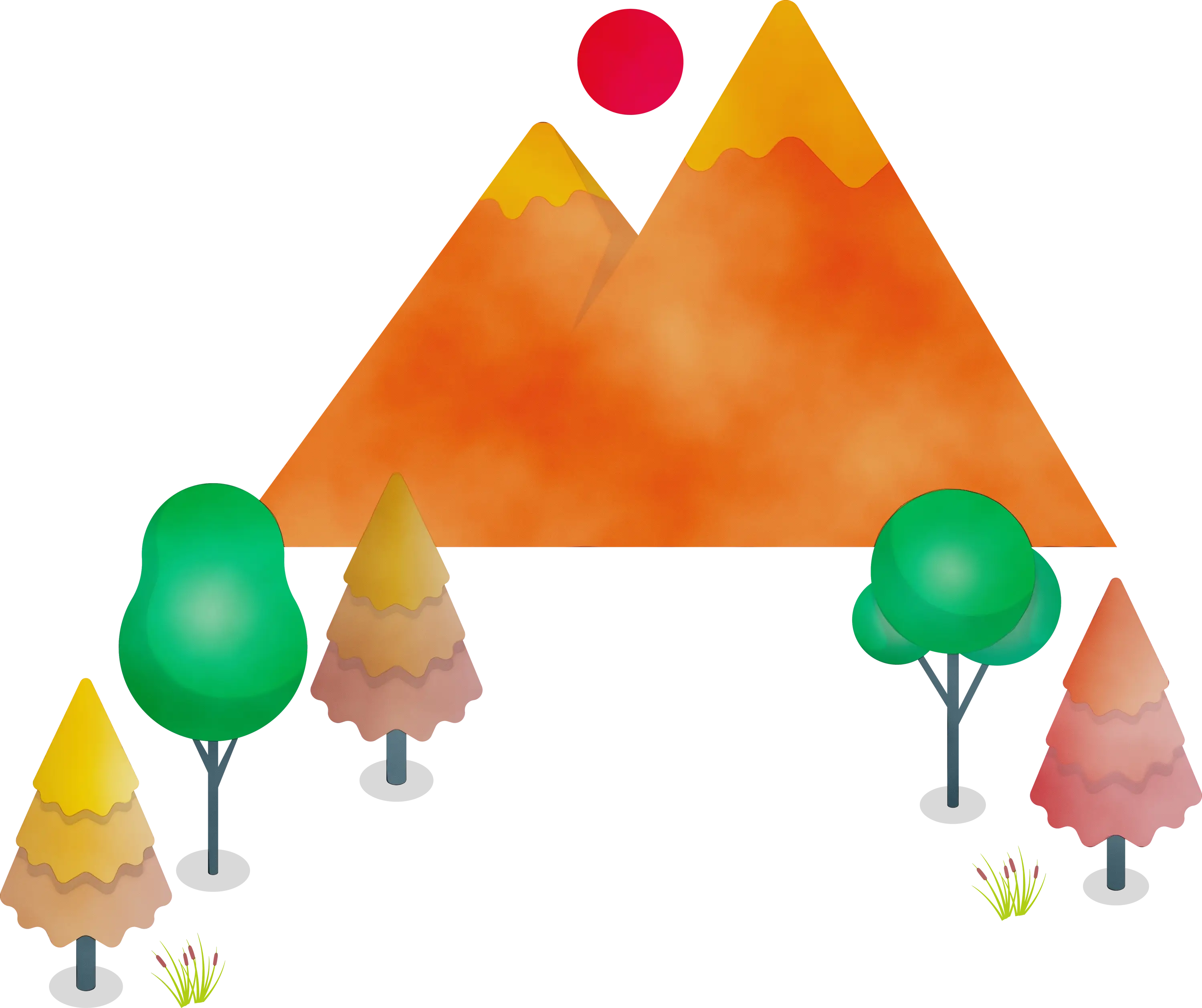 Nature Illustration with Orange Mountains and Green Trees