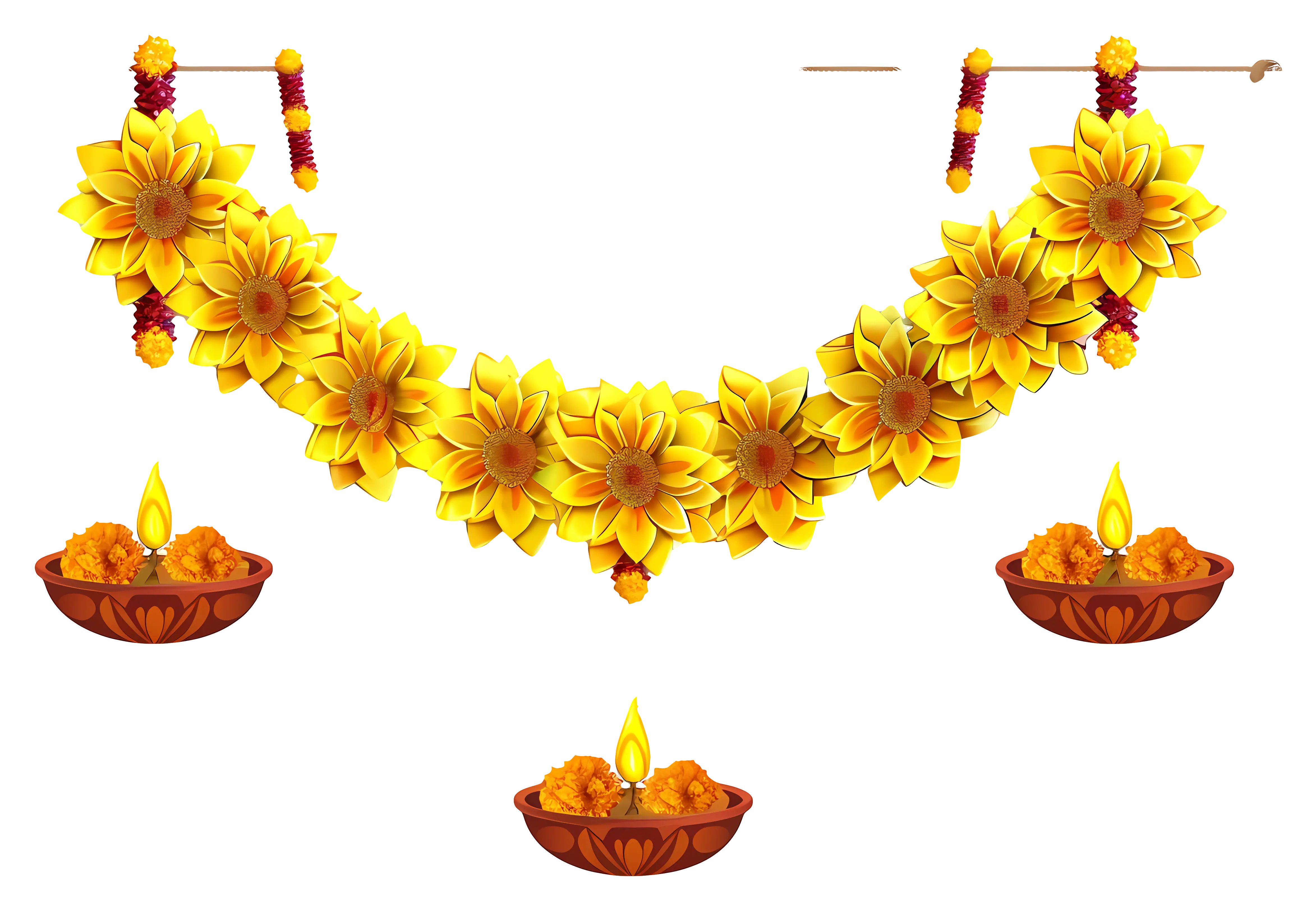Yellow Flower Garland and Diyas for Diwali