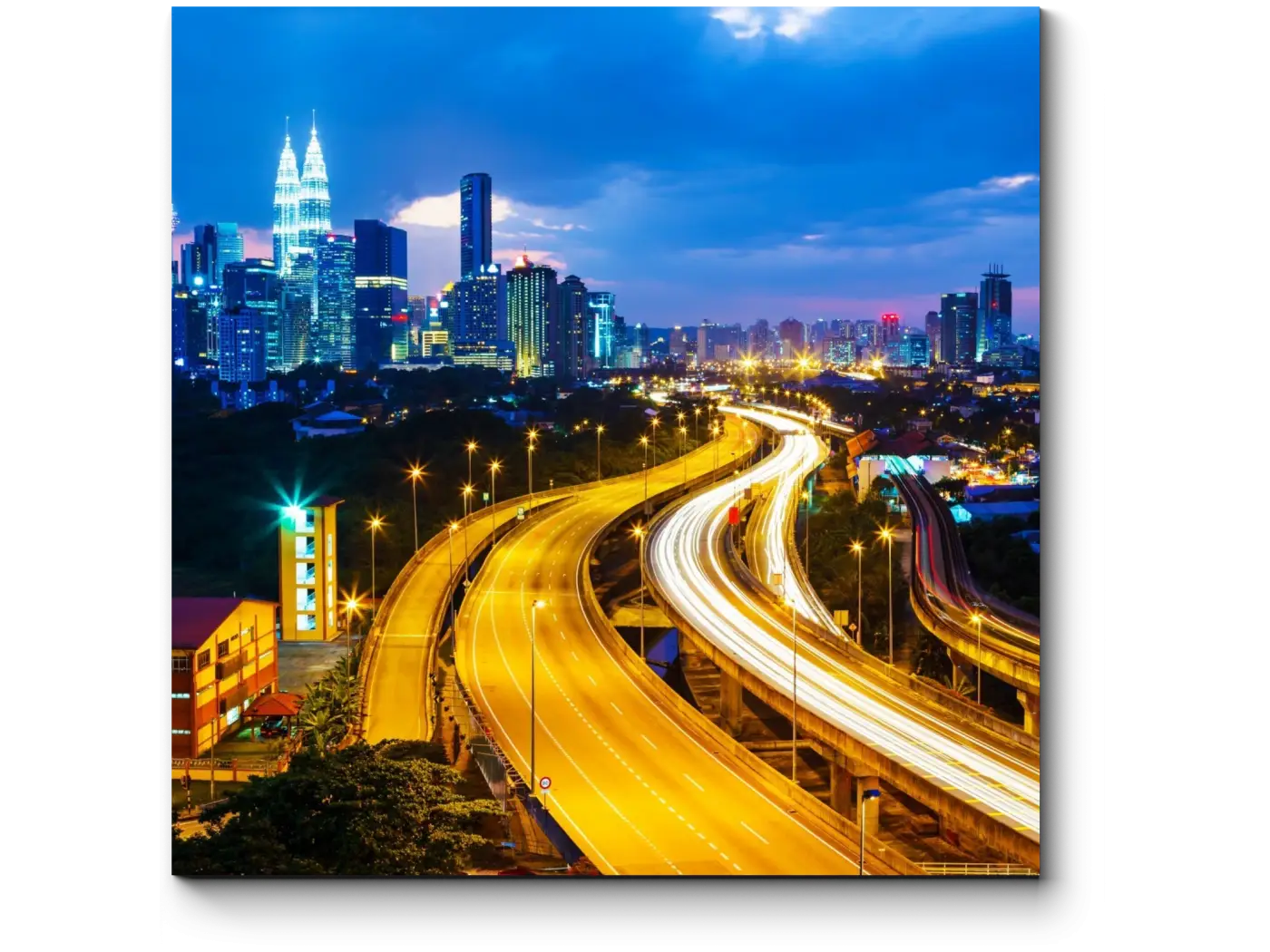 Cityscape with Highway Lights at Night