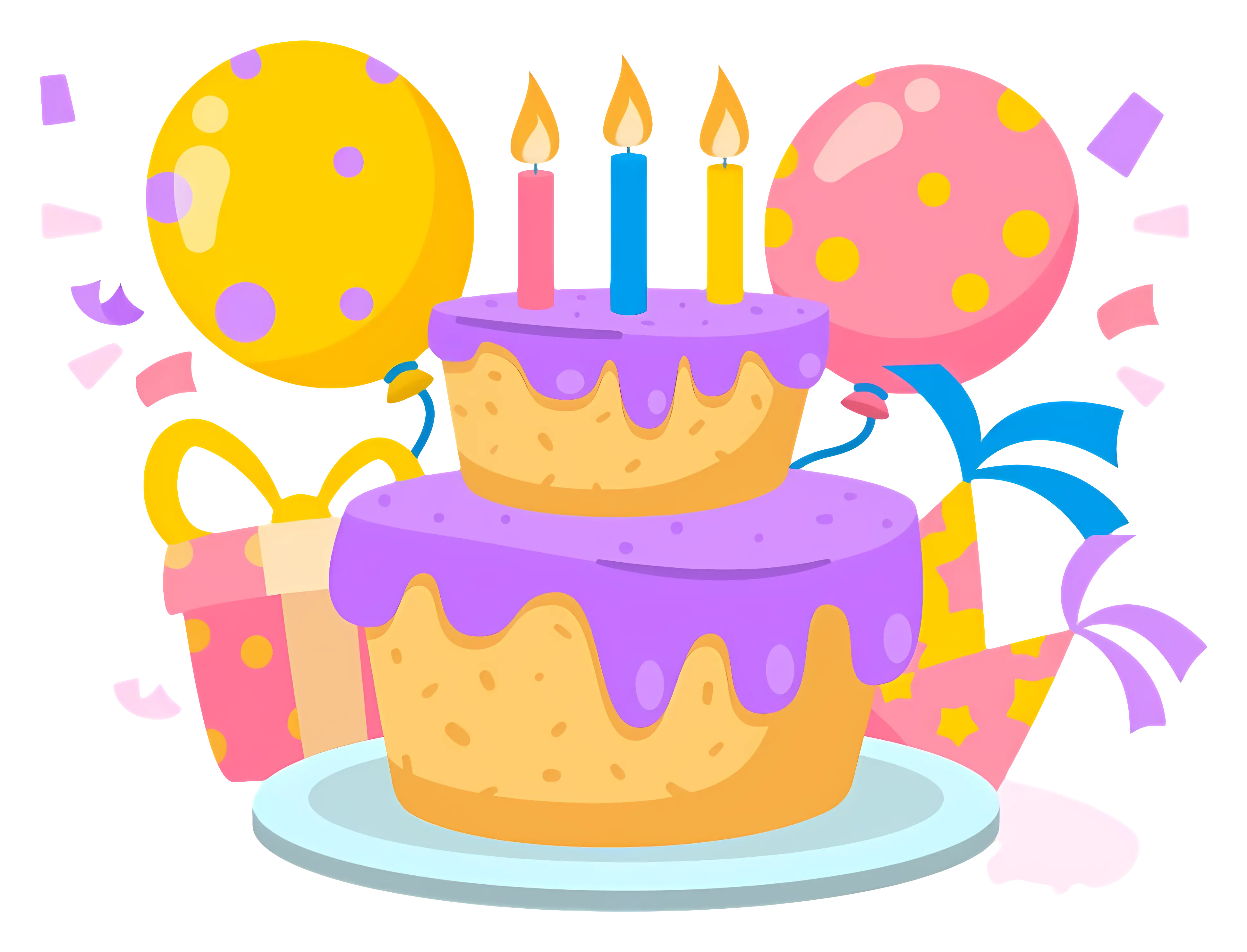 Festive Birthday Cake with Balloons and Candles