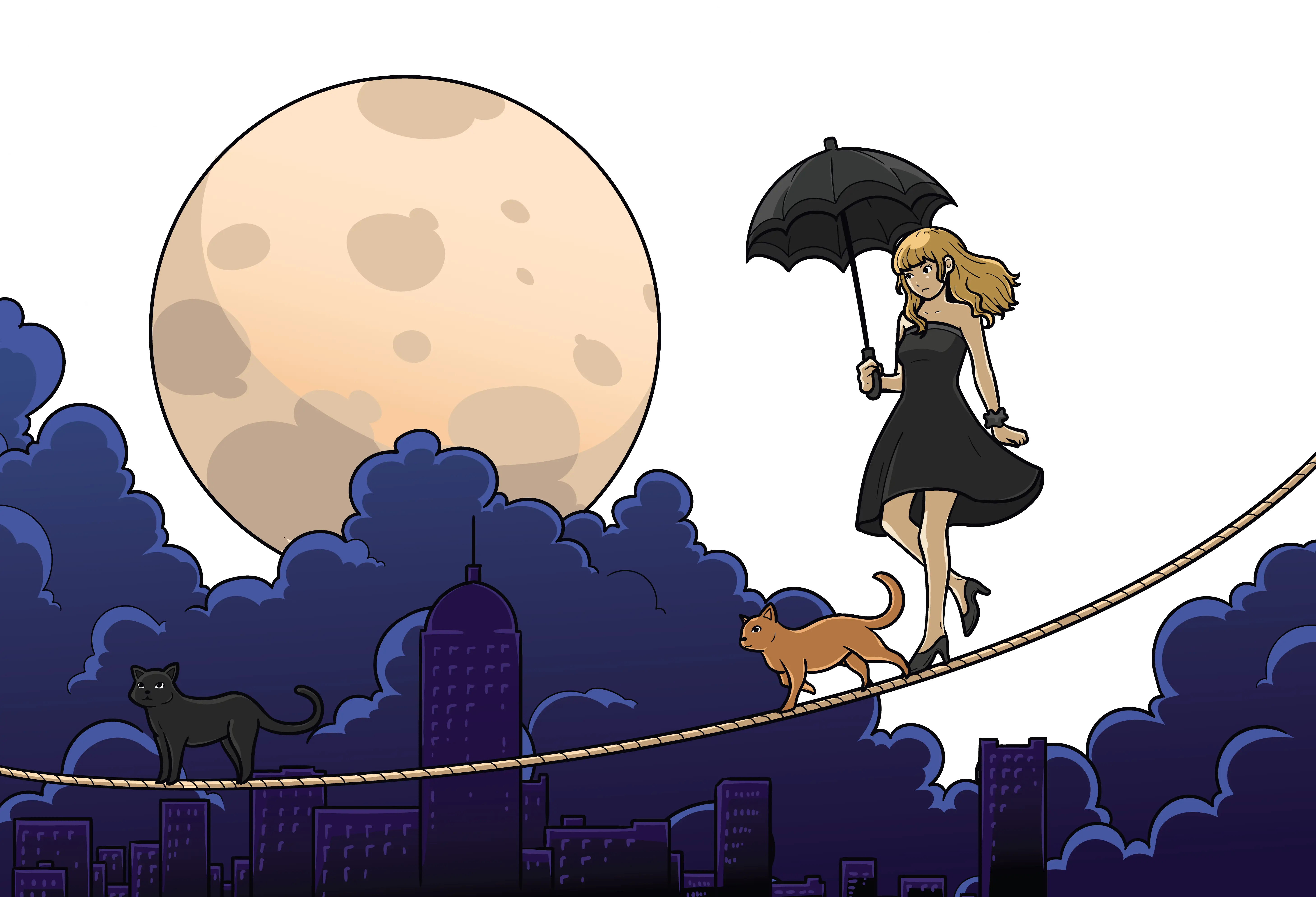 Woman Walking on Rope with Umbrella and Cats