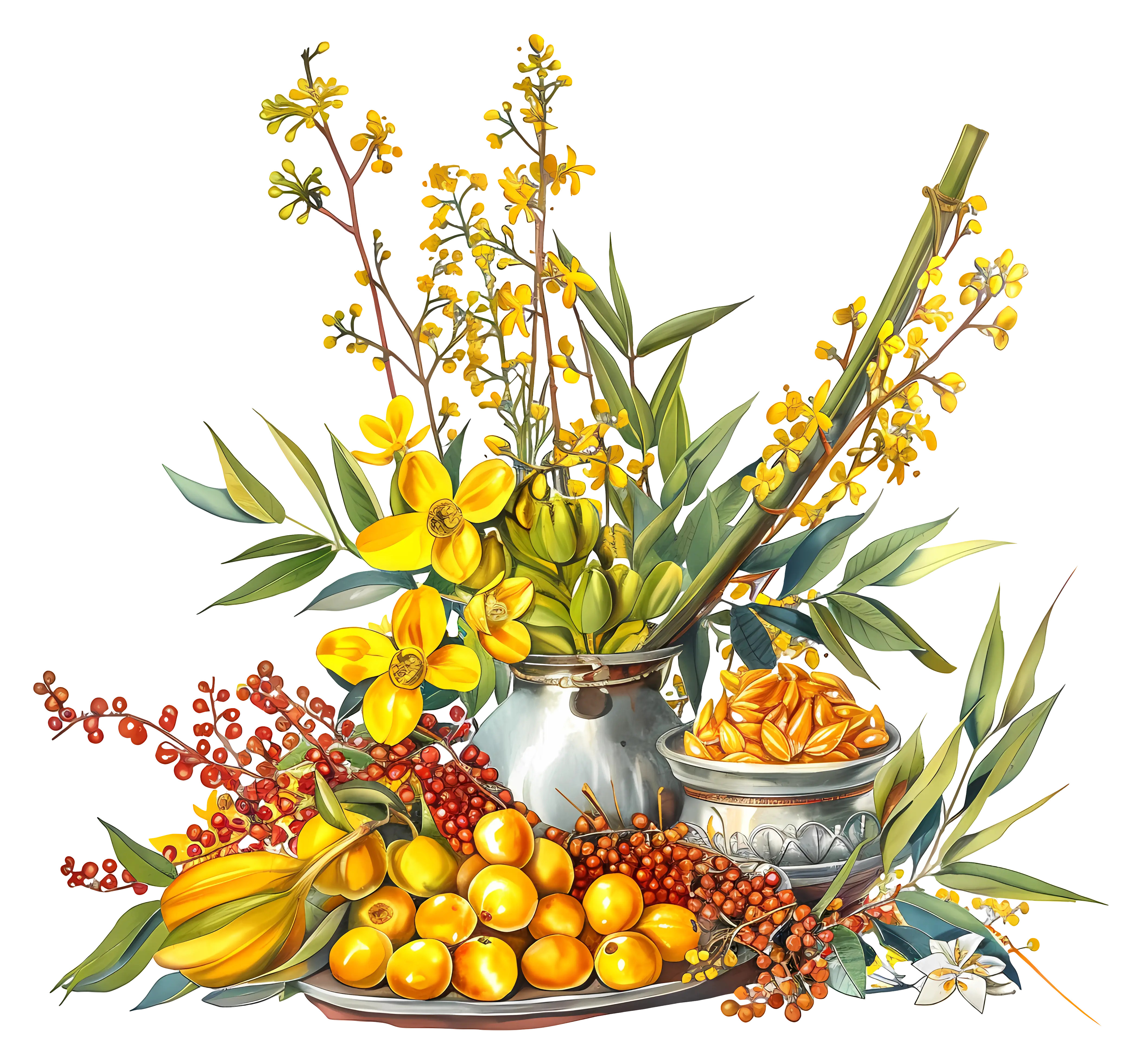 Arrangement of Yellow Flowers and Fruits