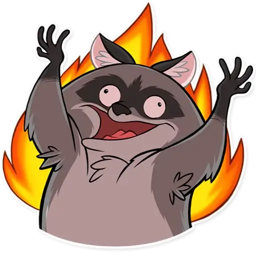 Excited Cartoon Raccoon with Fire Background