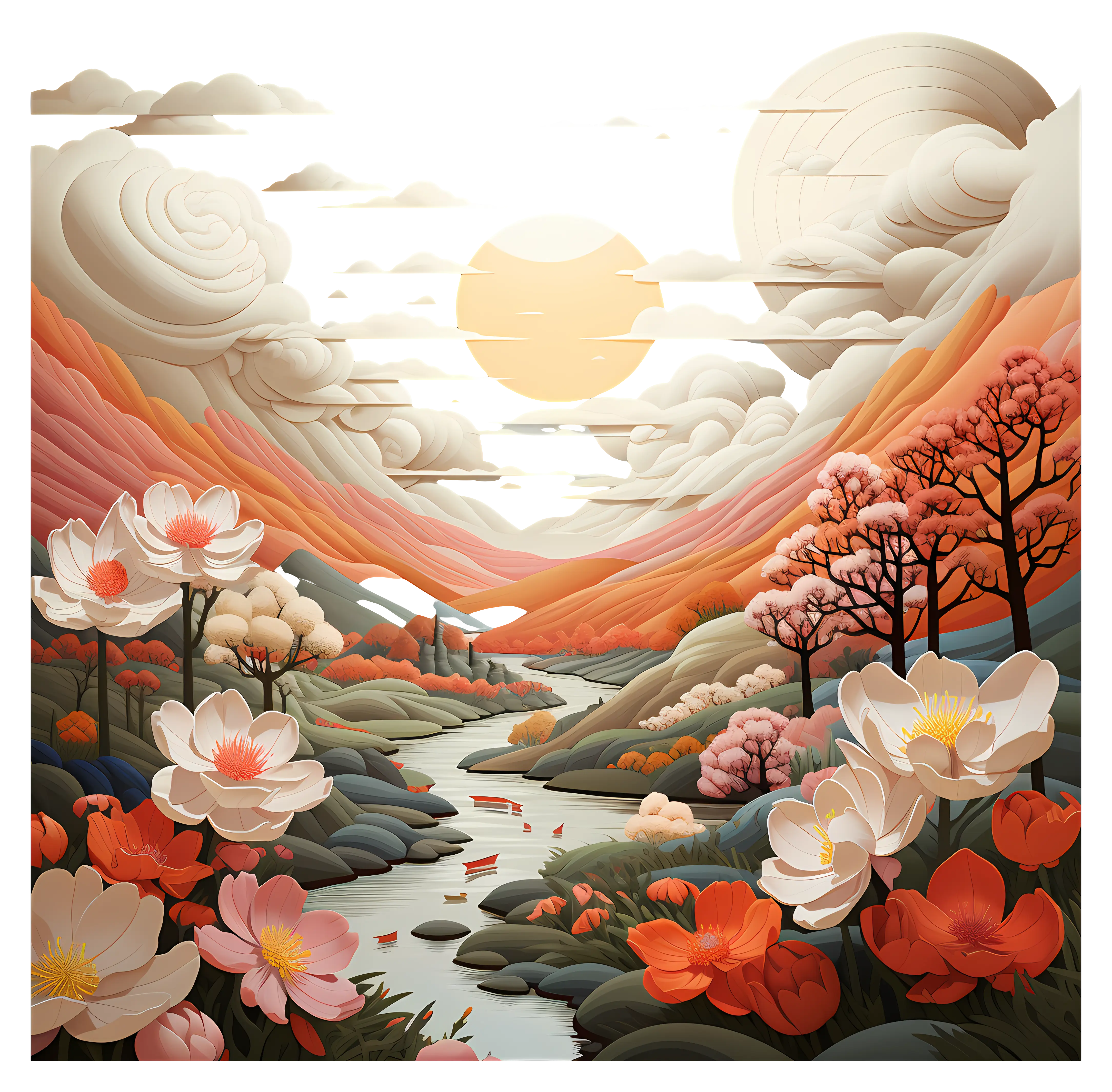 Dreamy Spring Landscape with Blossoms