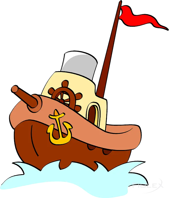 Cartoon Boat with Anchor and Red Flag