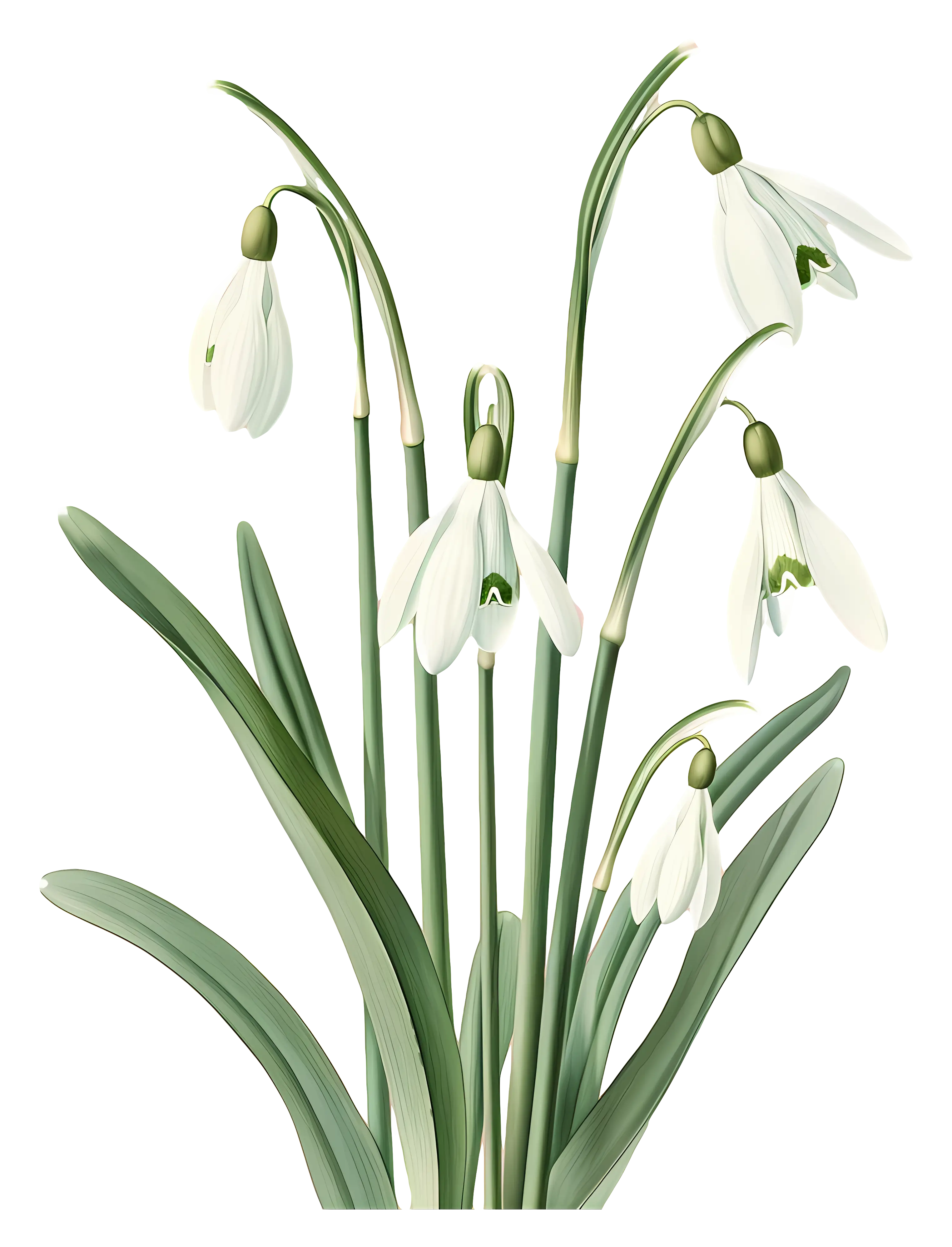 Snowdrop Flowers with Green Leaves Illustration