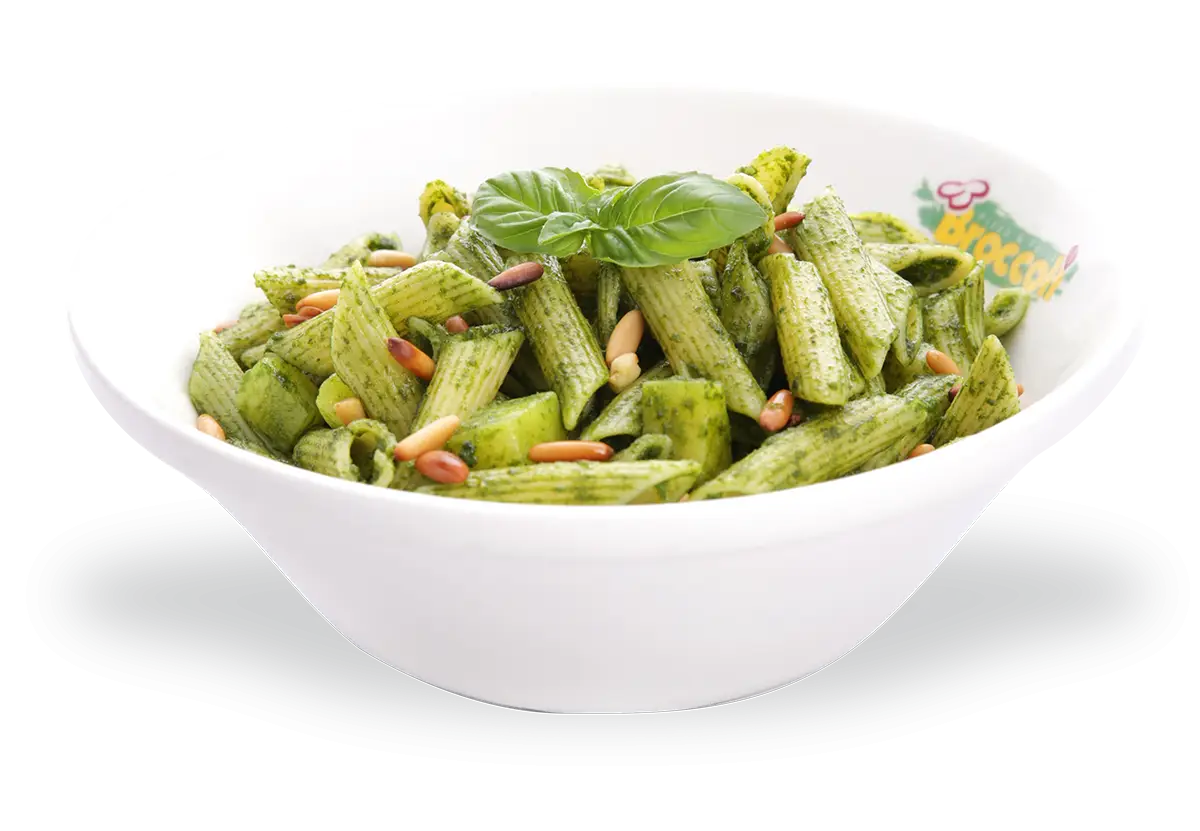 Pesto Pasta in White Bowl
