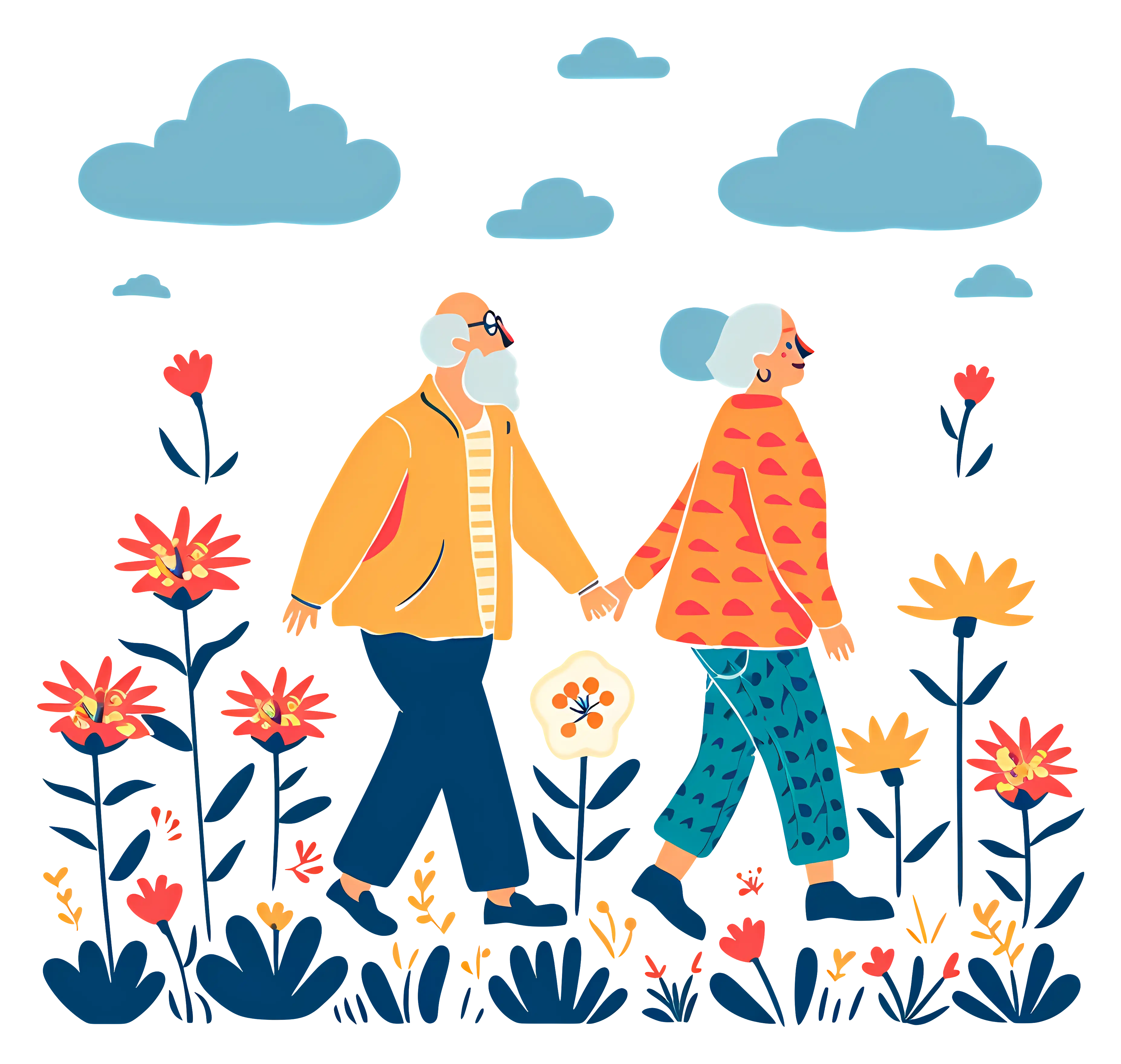 Elderly Couple Walking in a Flower Garden