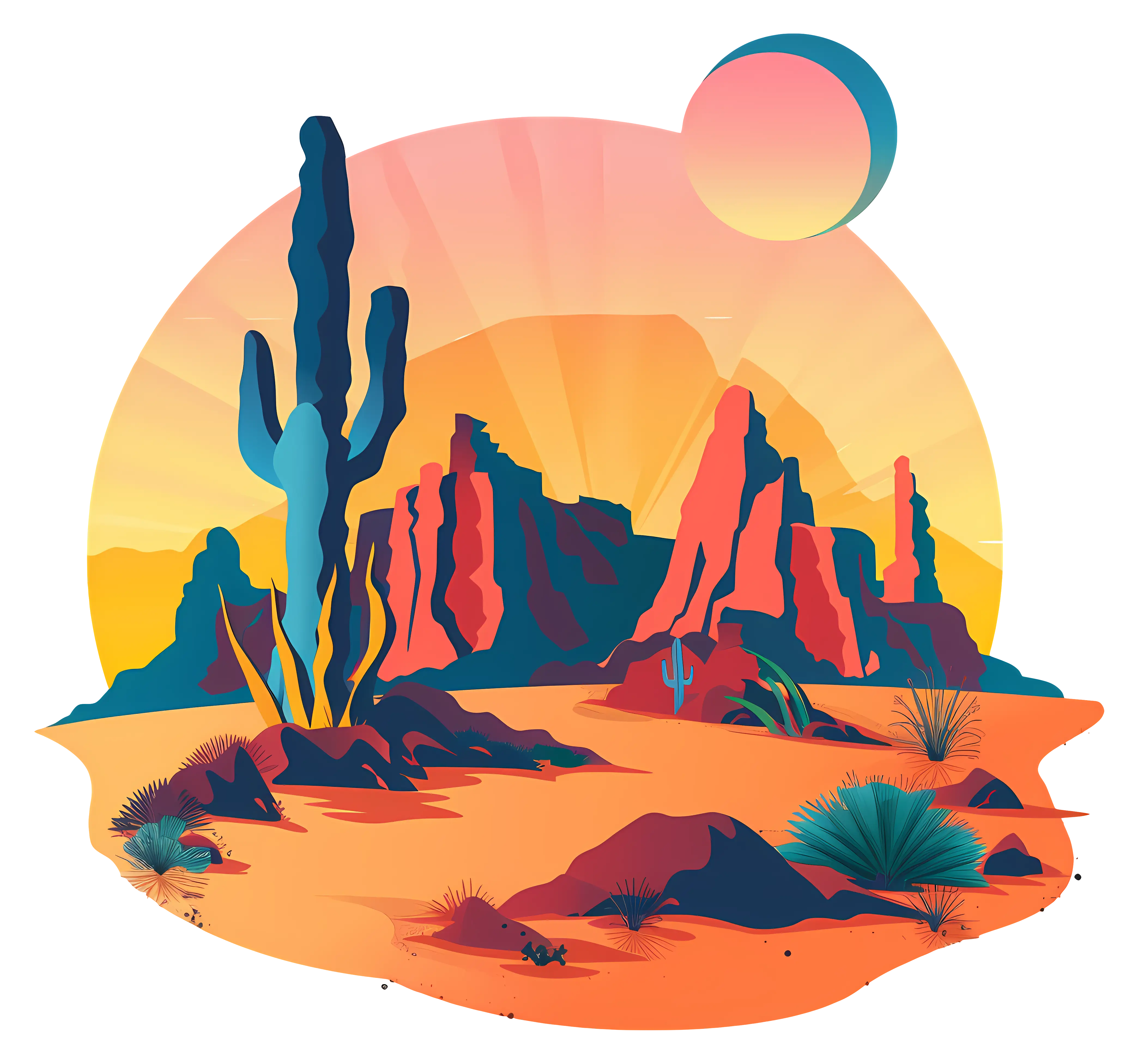 Vivid Desert Landscape Illustration with Sunset