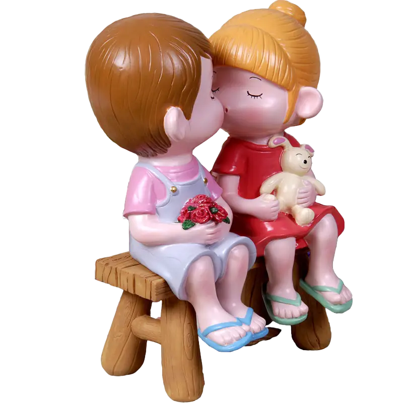 Romantic Couple Figurine with Teddy Bear and Flowers