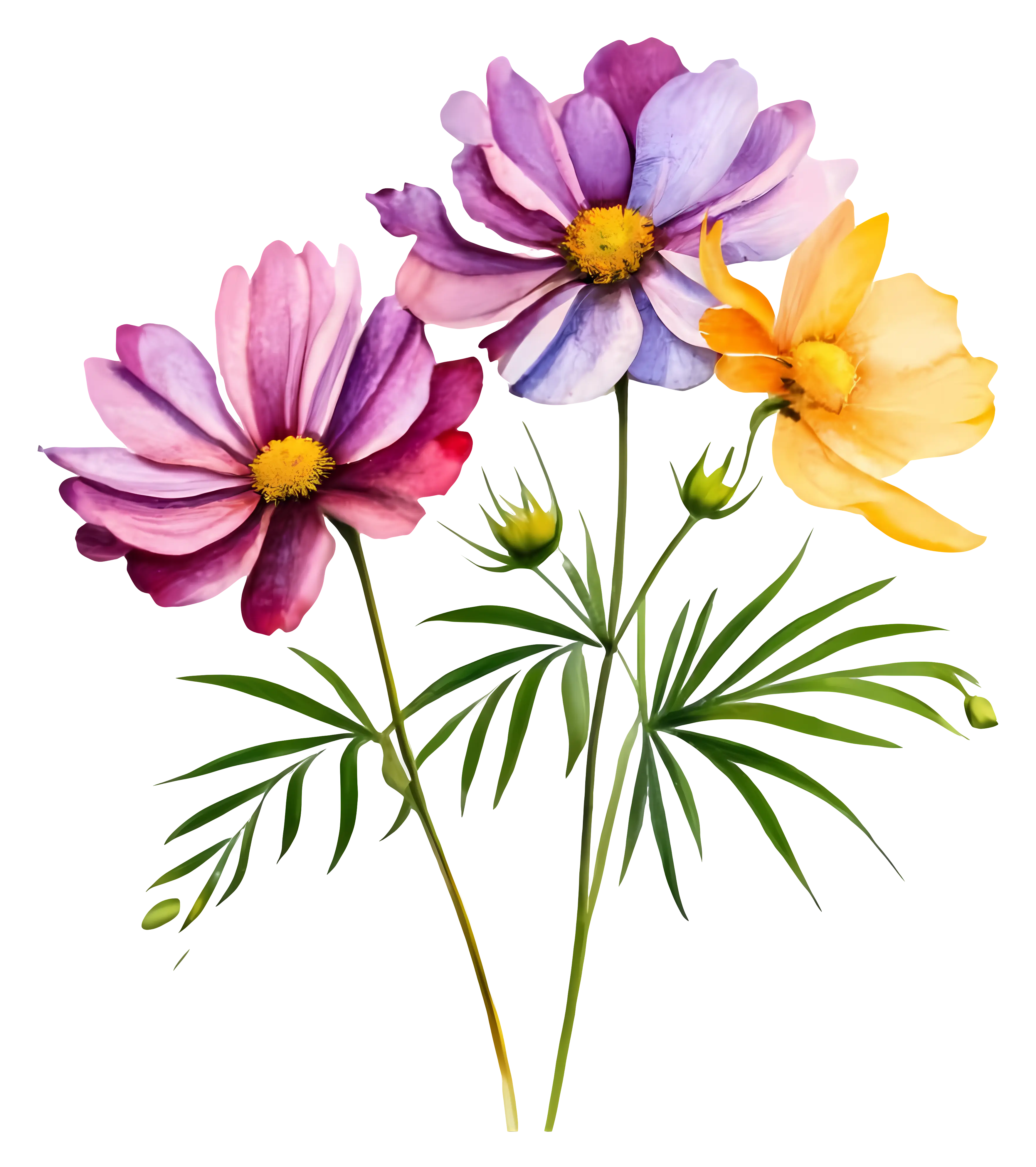 Watercolor Illustration of Colorful Cosmos Flowers