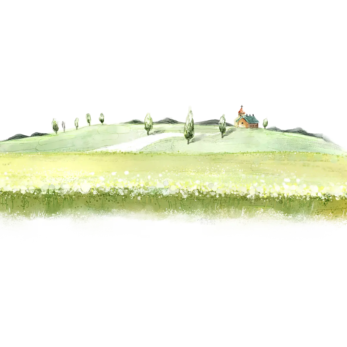 Green Field with House and Trees
