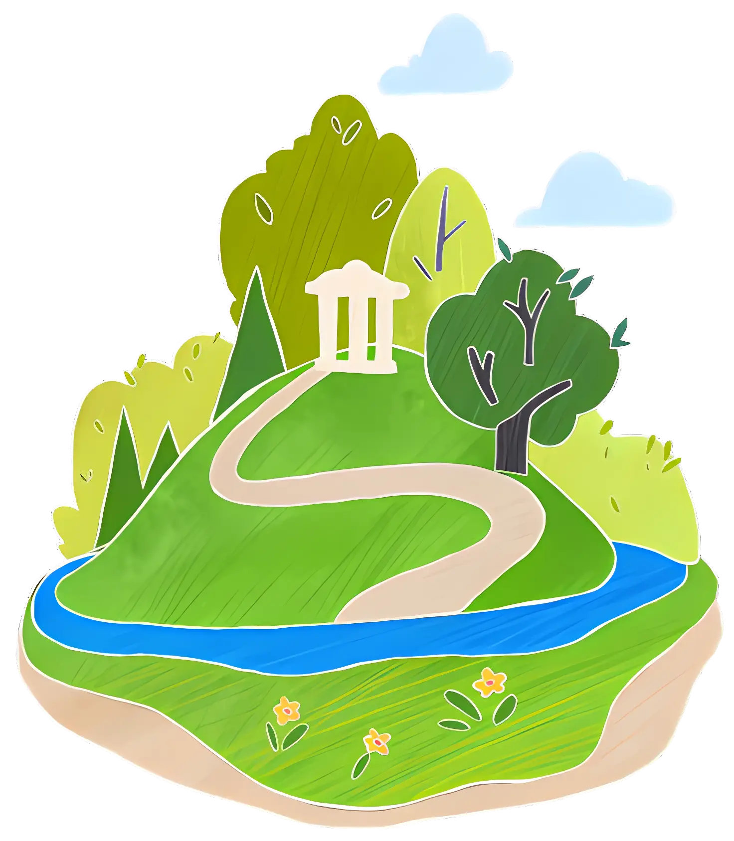 Hill with Temple and Trees Illustration