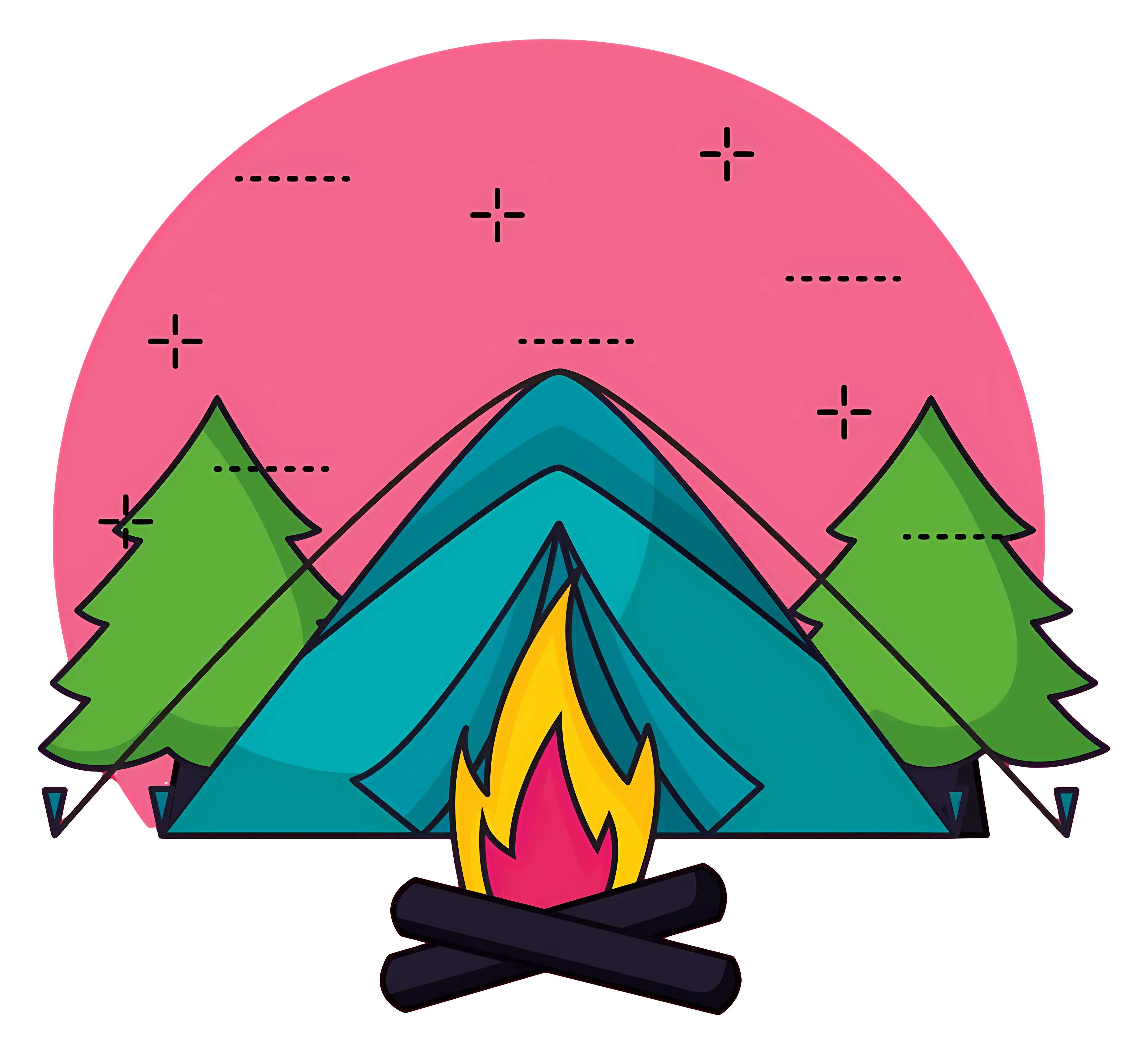 Blue Tent with Campfire at Night