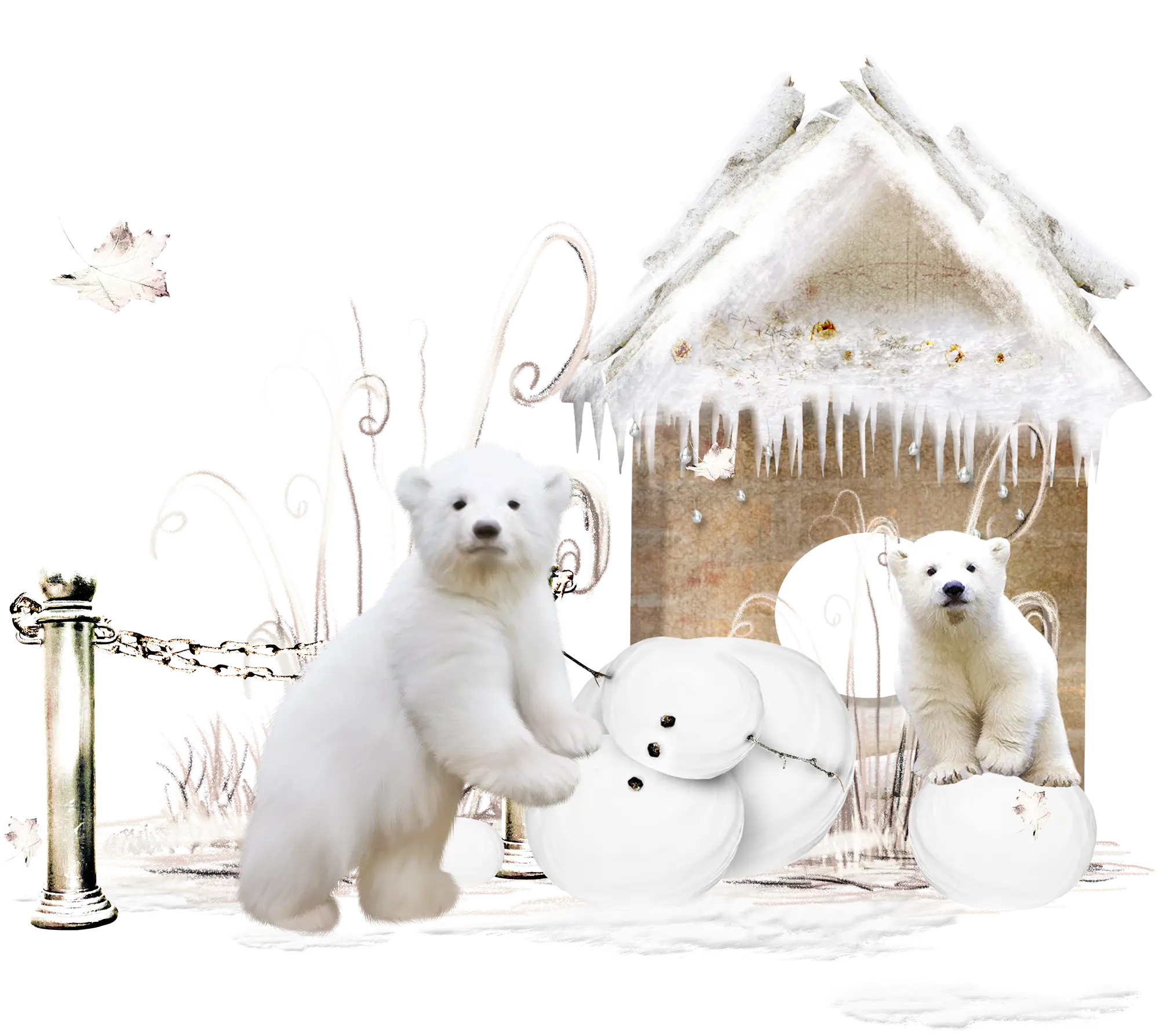 Polar bears and snowy house in Christmas setting