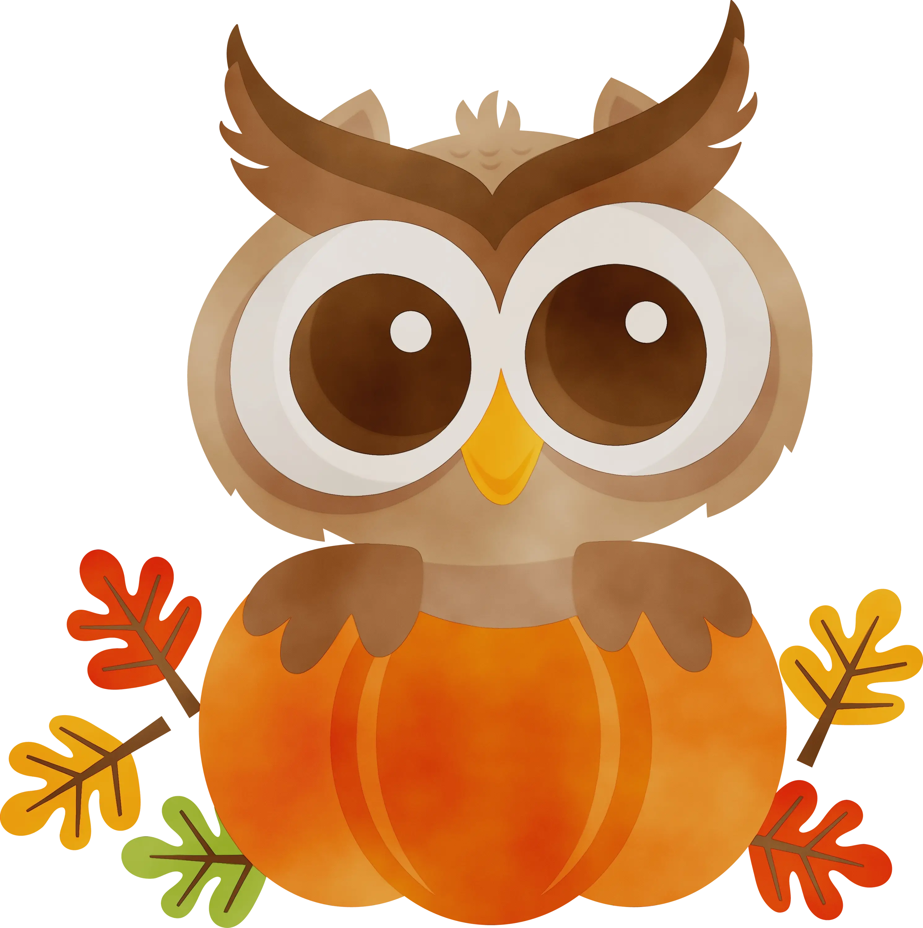 Cute Cartoon Owl on Pumpkin with Autumn Leaves