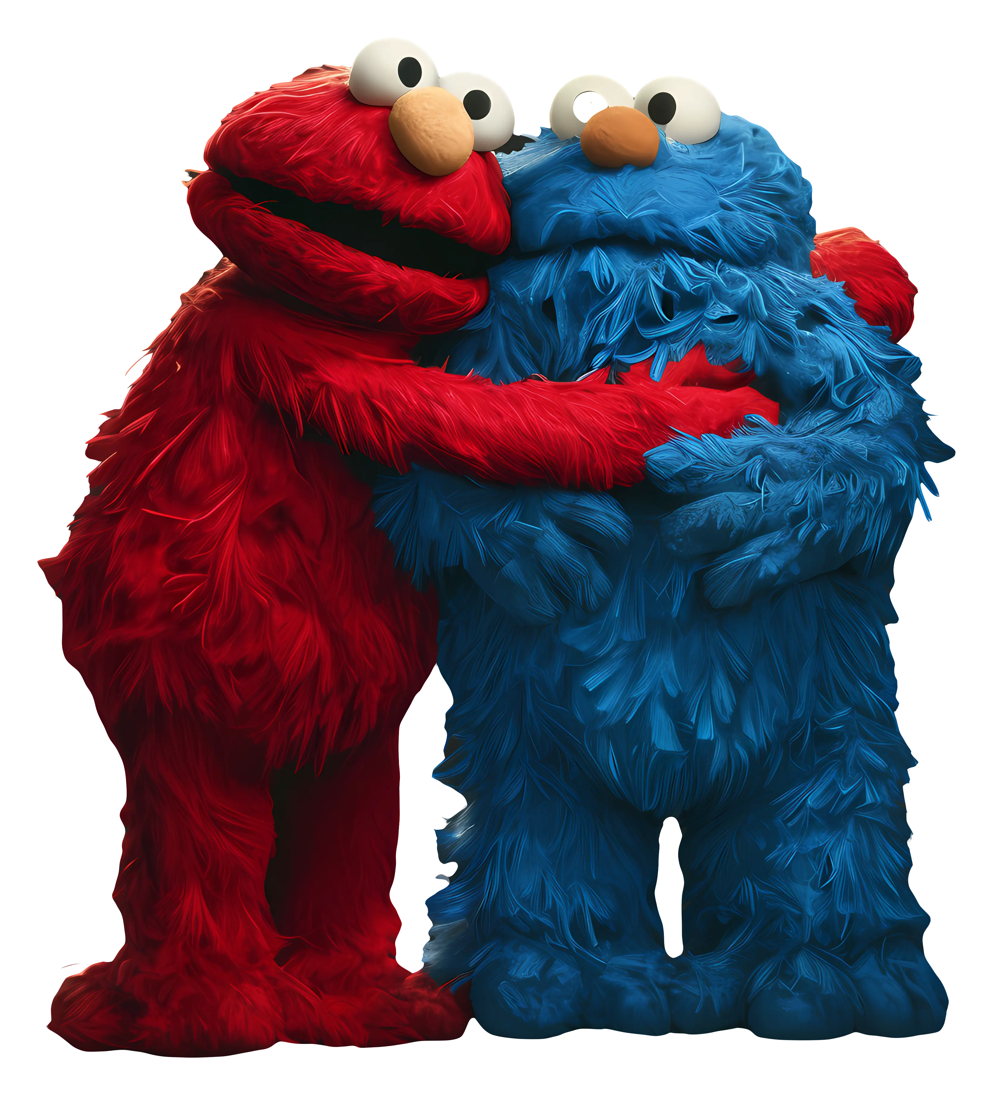 Red and Blue Fuzzy Characters Hugging in Cartoon Style