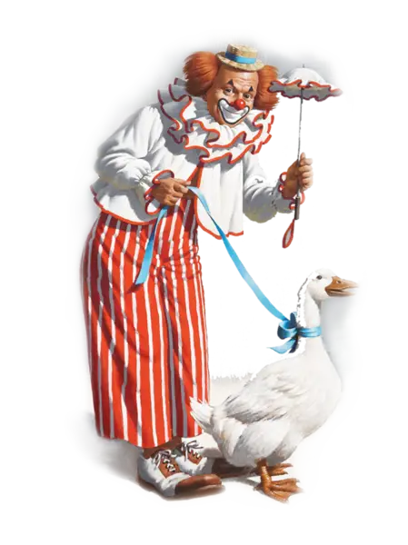 Funny Clown Walking a Duck with Parasol