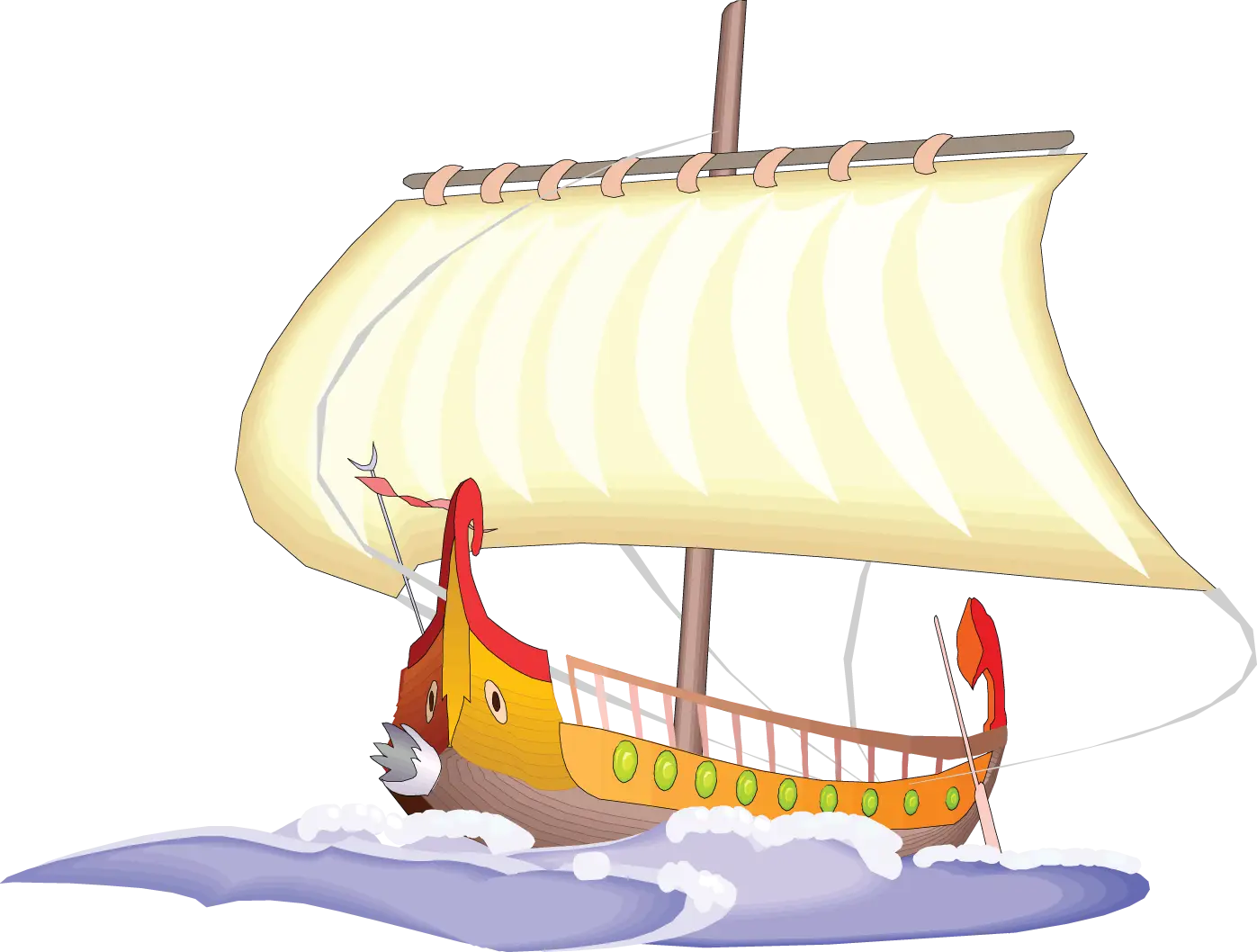 Cartoon Wooden Sailboat on the Sea