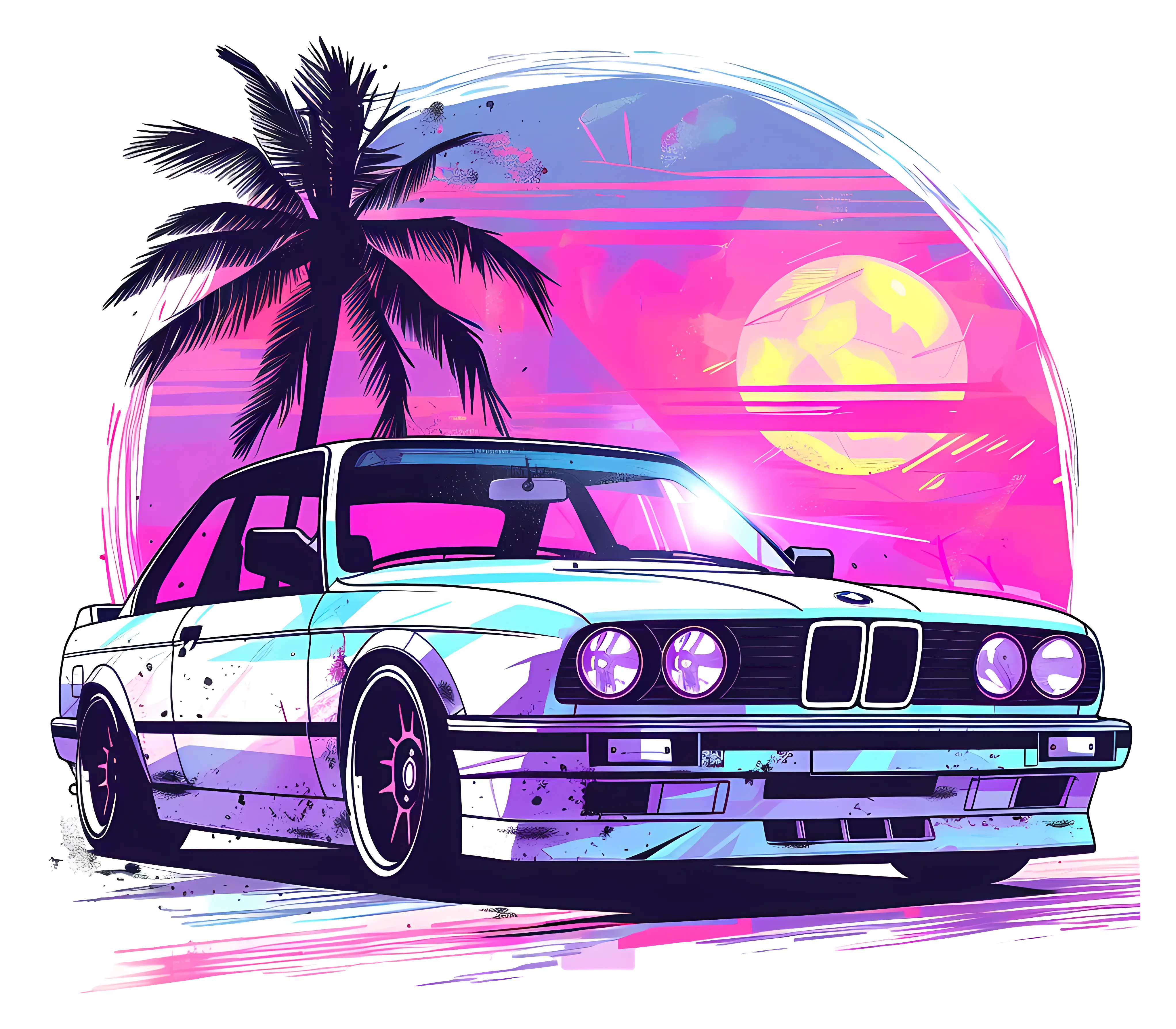 Retro Car with a Sunset in Vaporwave Style