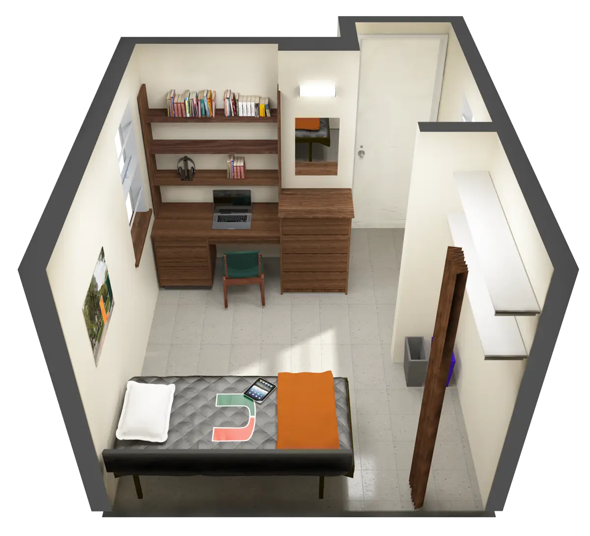 Minimalist Room Layout with Desk and Bed