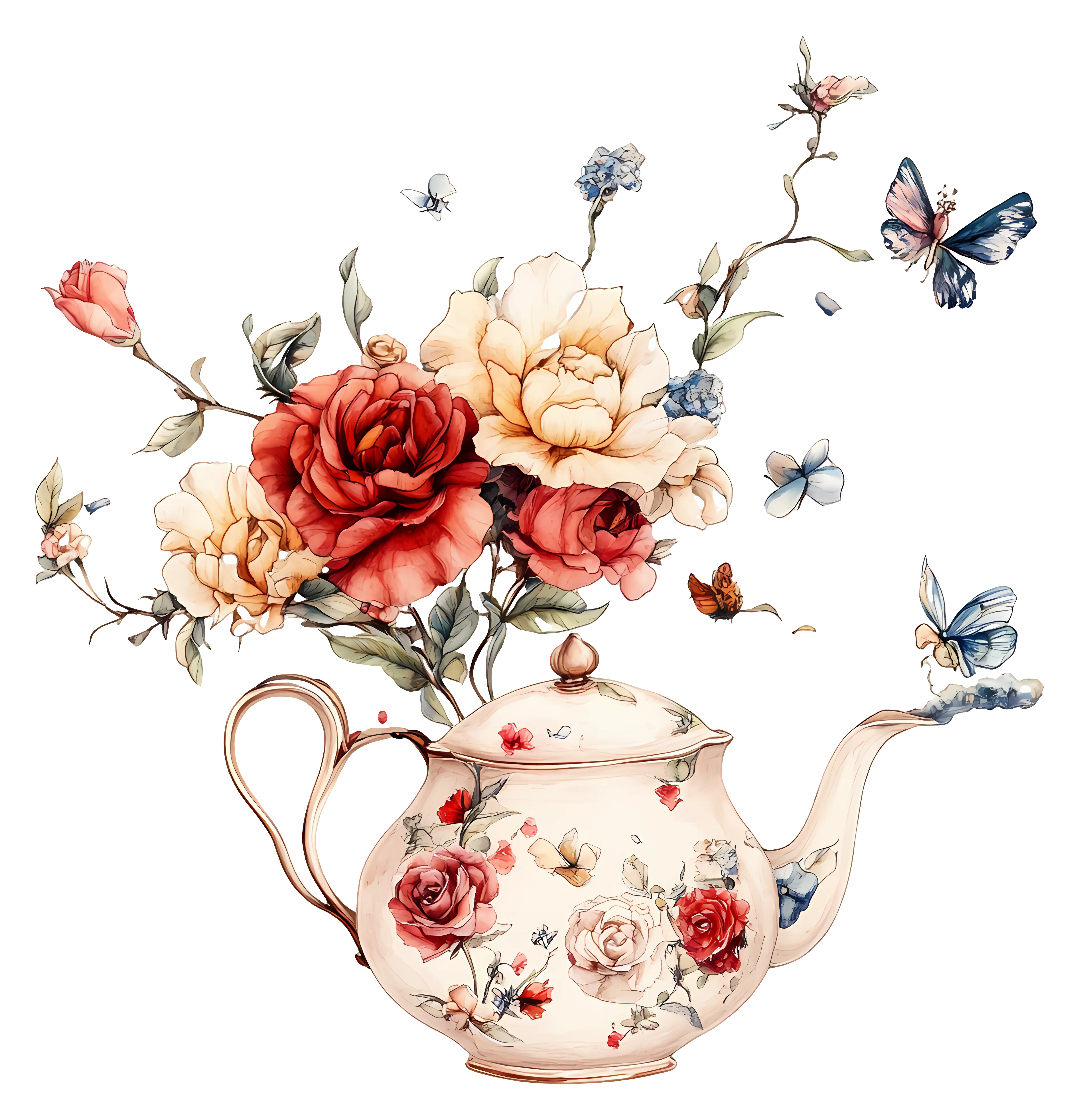 Floral Teapot with Butterflies Illustration