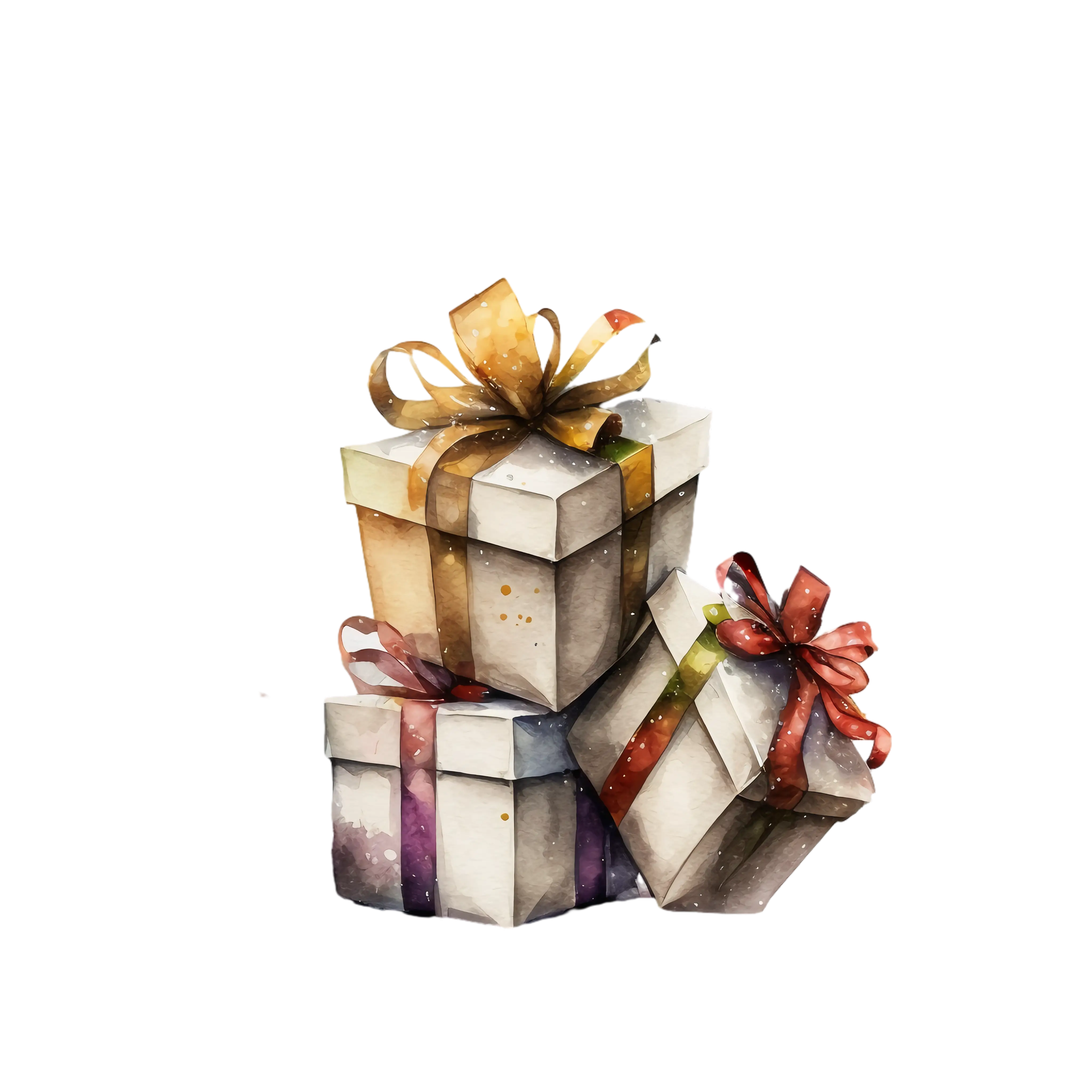 Watercolor Stacked Gift Boxes with Colorful Ribbons